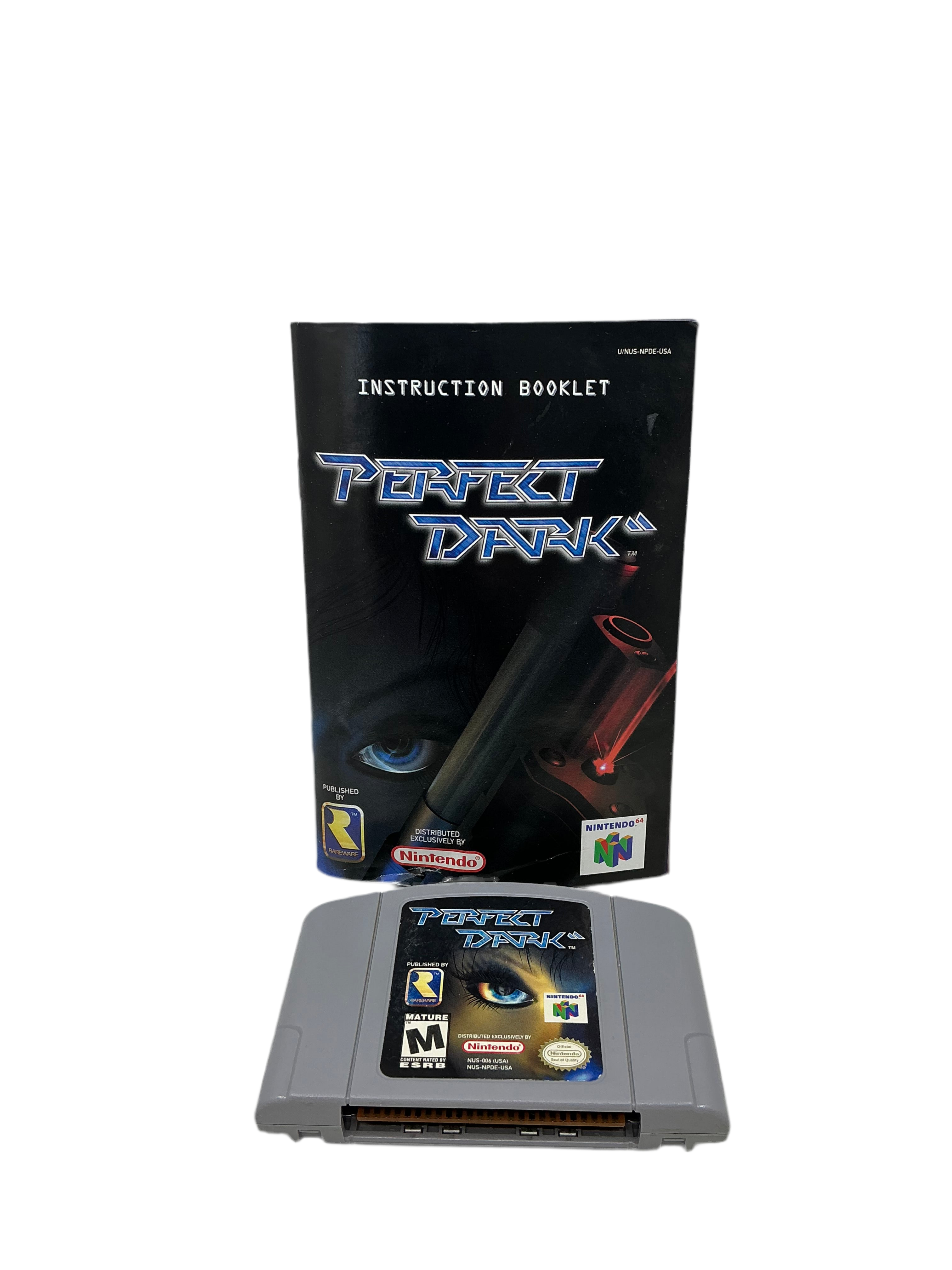 Game manual and cartridge for Perfect Dark. Manual has some visible damage on the bottom edge. Cartridge appears clean.