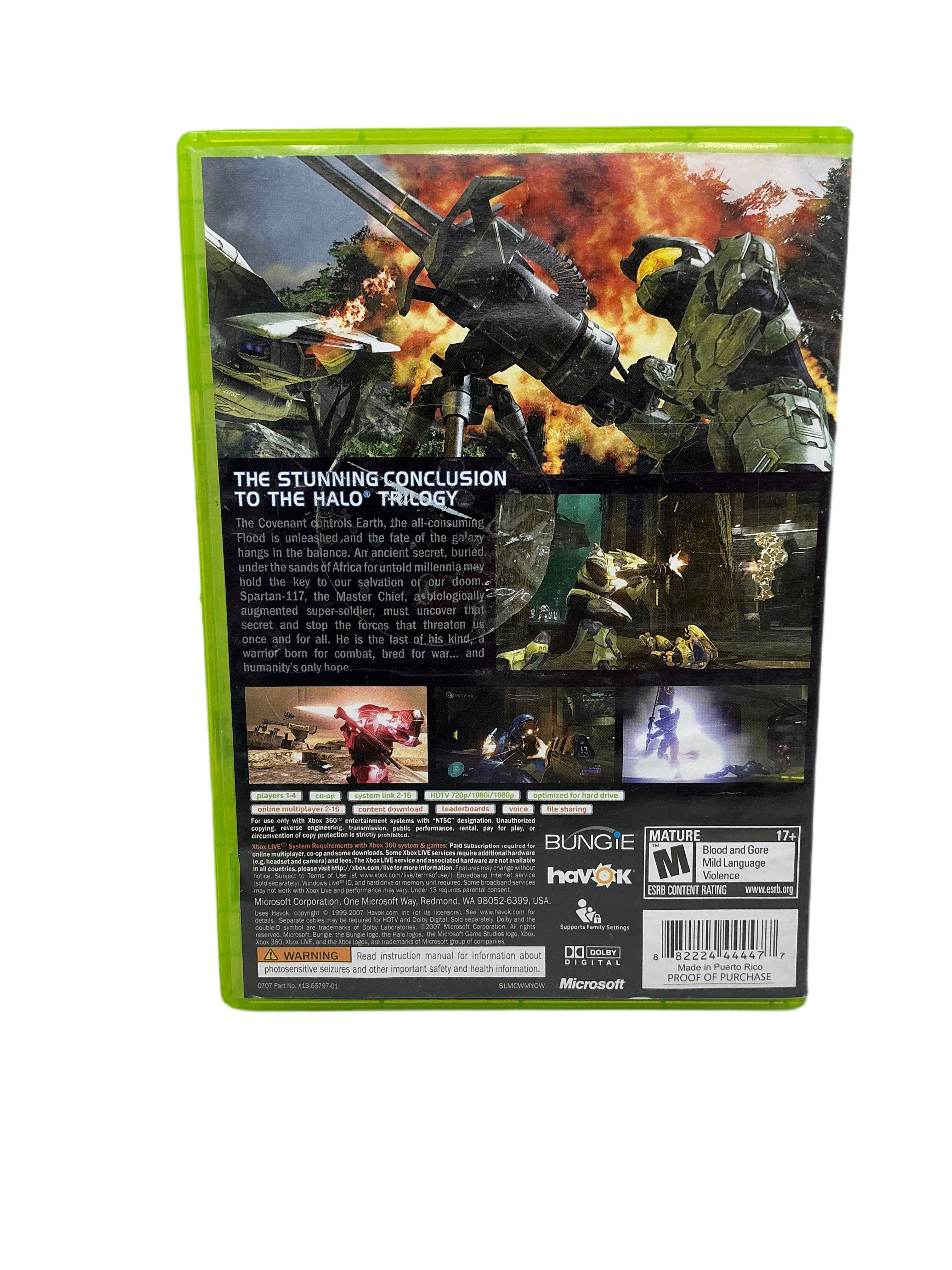 Back cover of Halo 3 game case for XBox 360 on a transparent background.