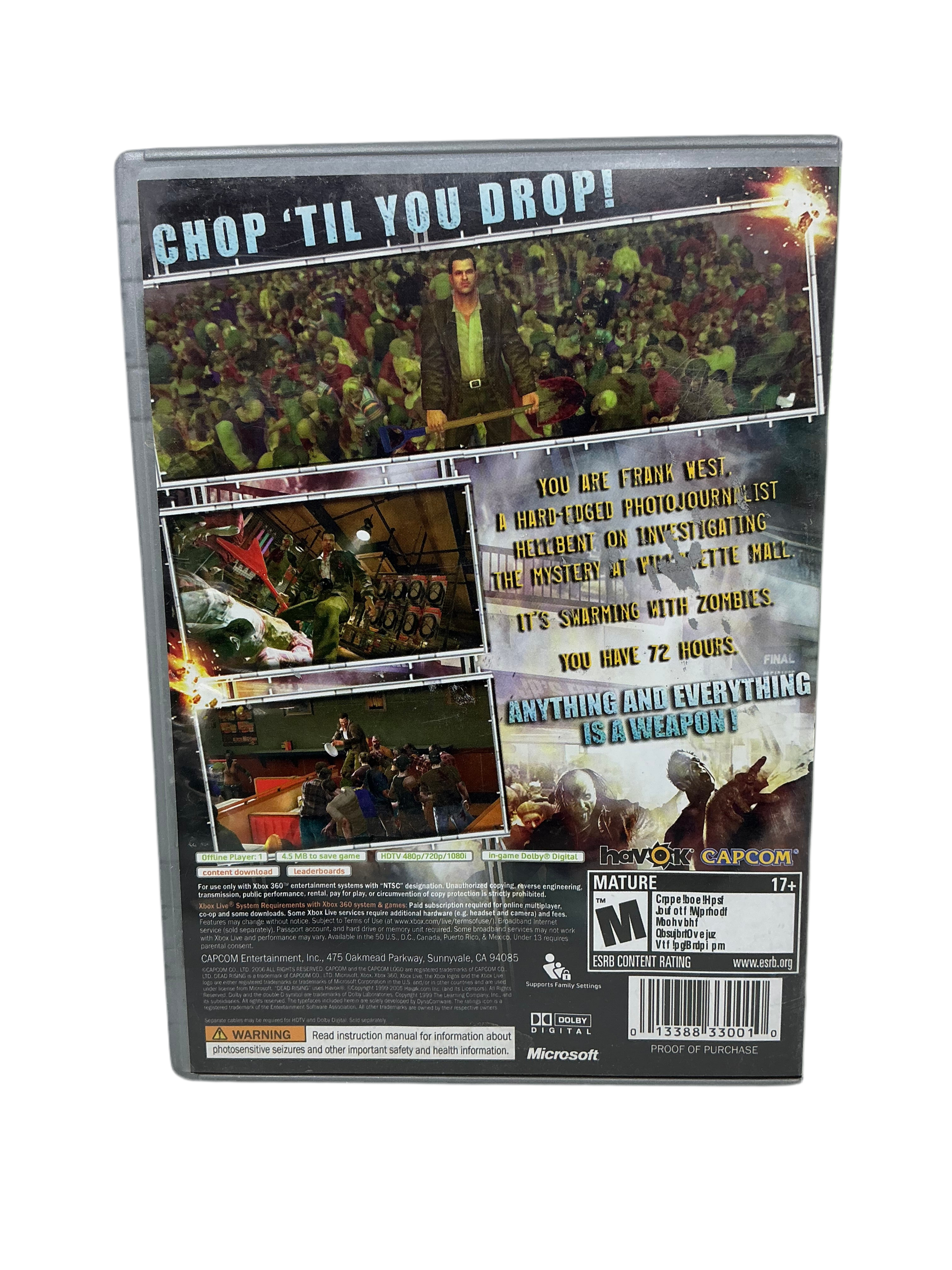 Back cover for game disc case for Platinum Edition Dead Rising for XBox 360.