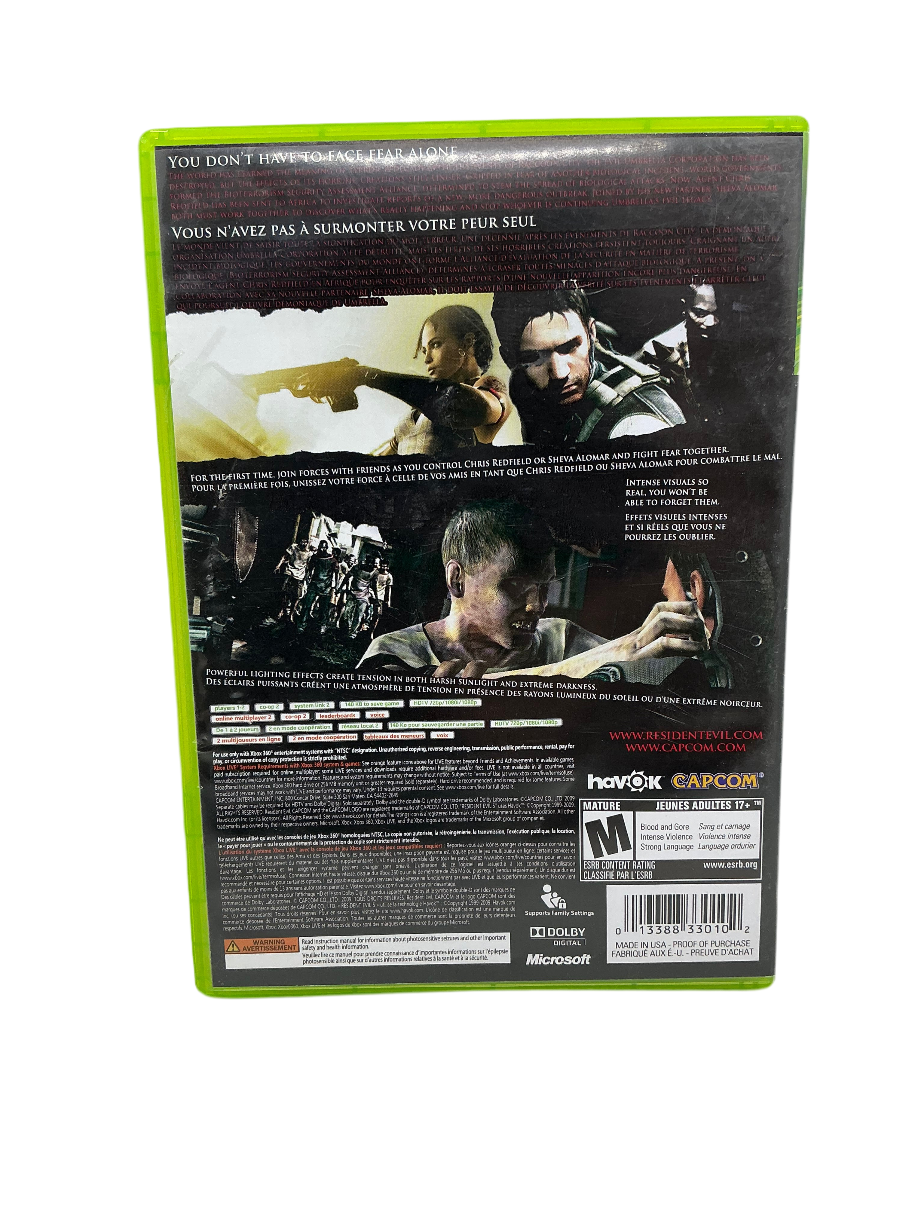 Back of Resident Evil 5 game cover with characters and text on a white background