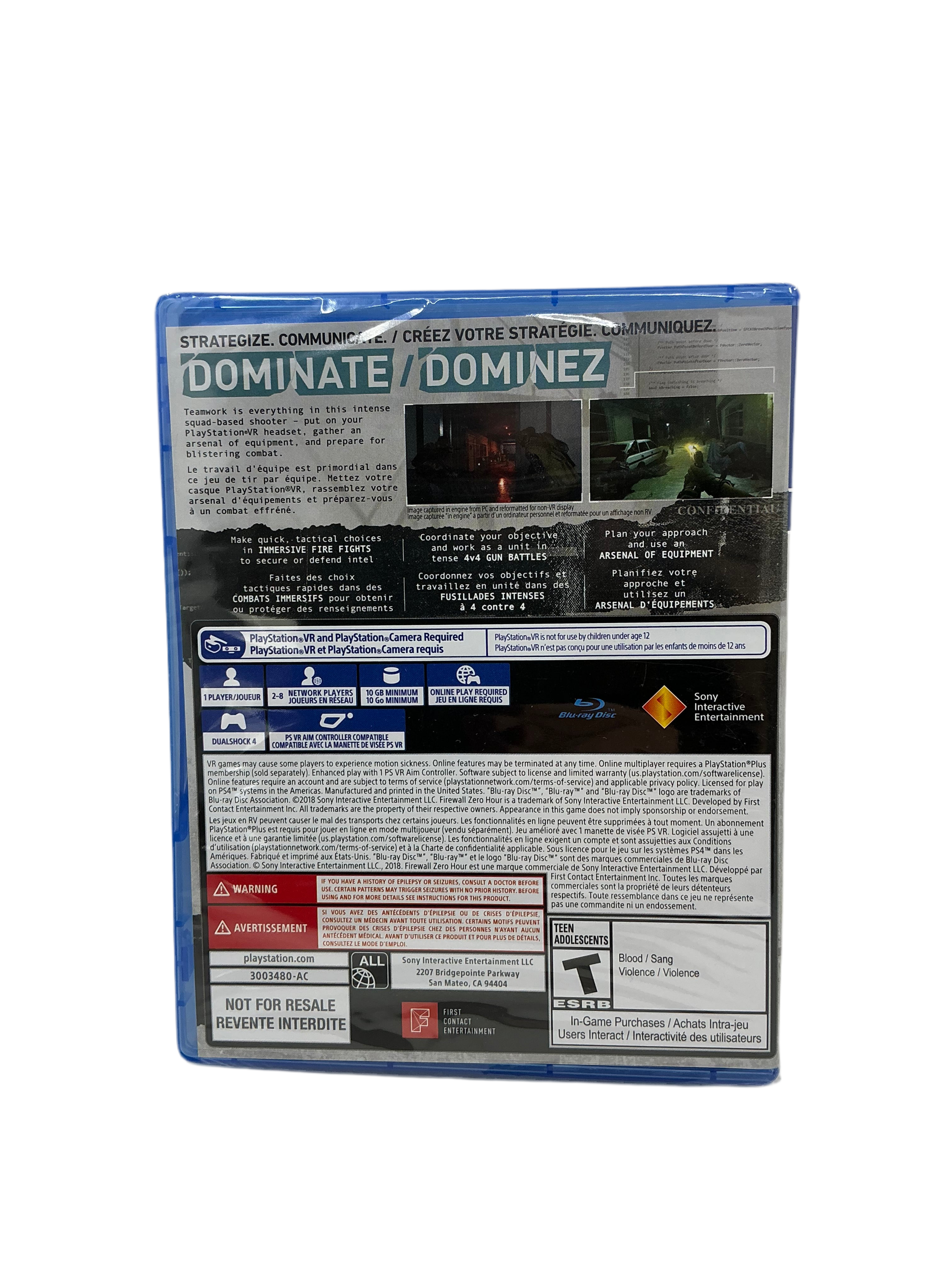 Back of Firewall Zero Hour game case for Playstation 4 on a transparent background.