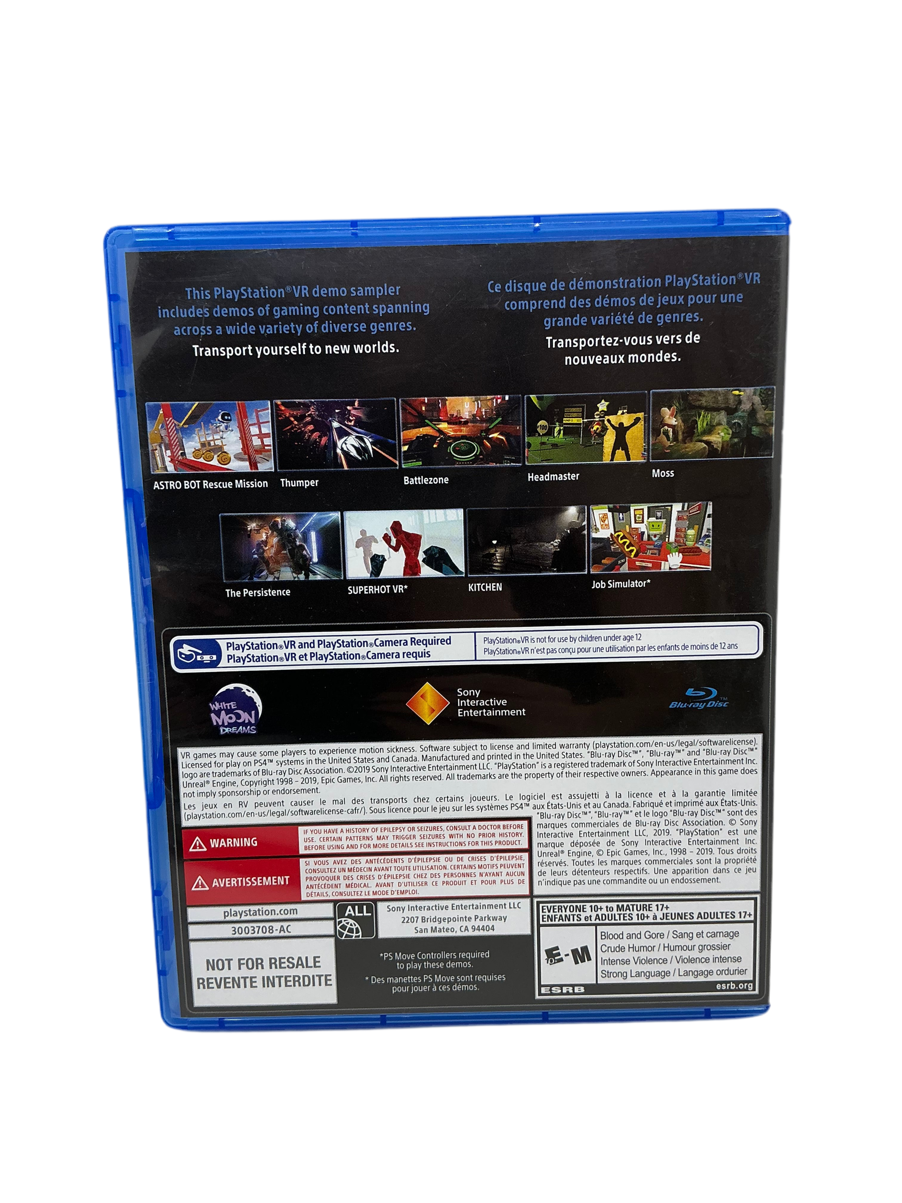 Back cover of a PlayStation VR demo disc with images and text on a white background