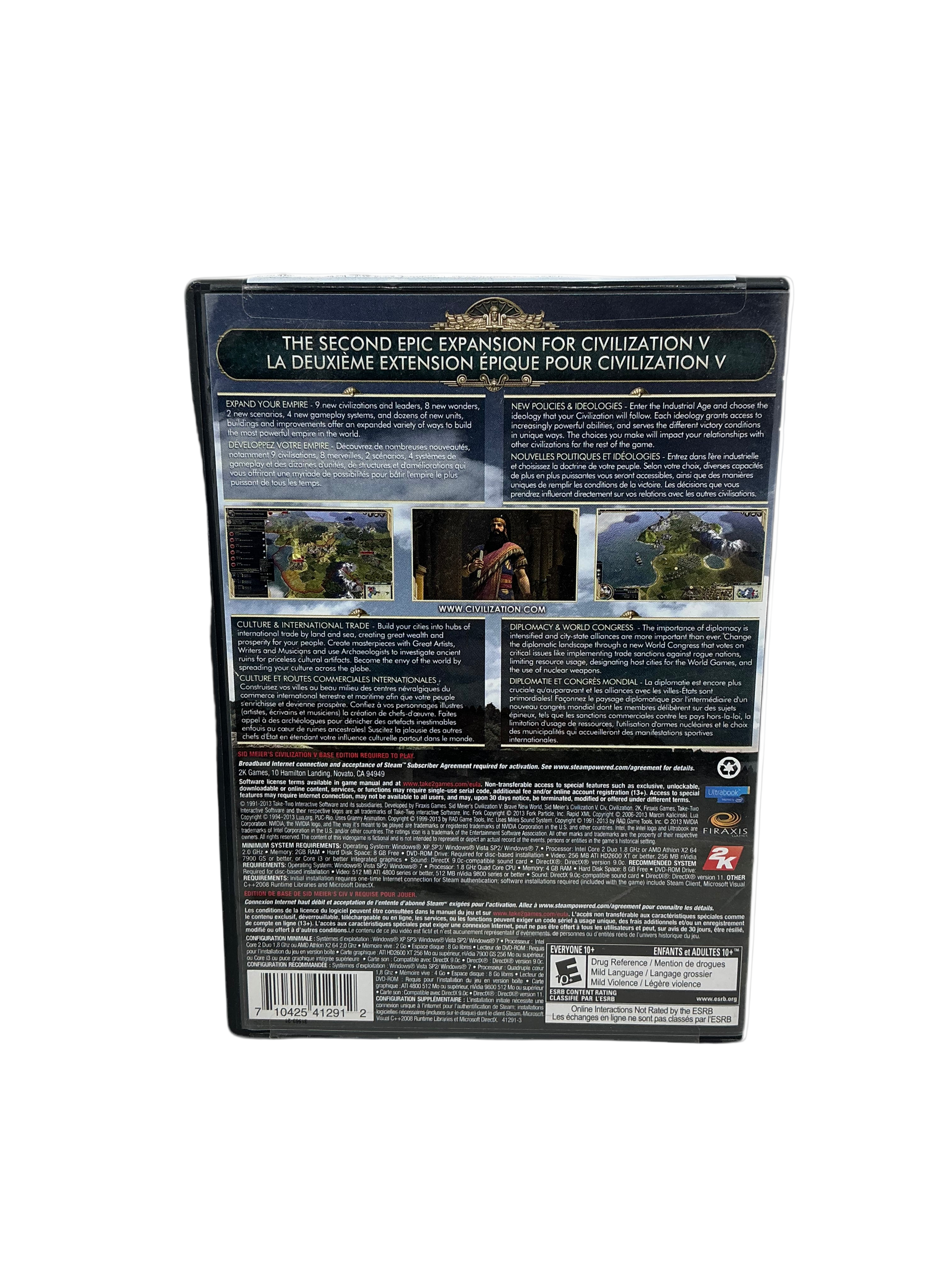 Back cover of a video game expansion pack for Civilization V on a white background.