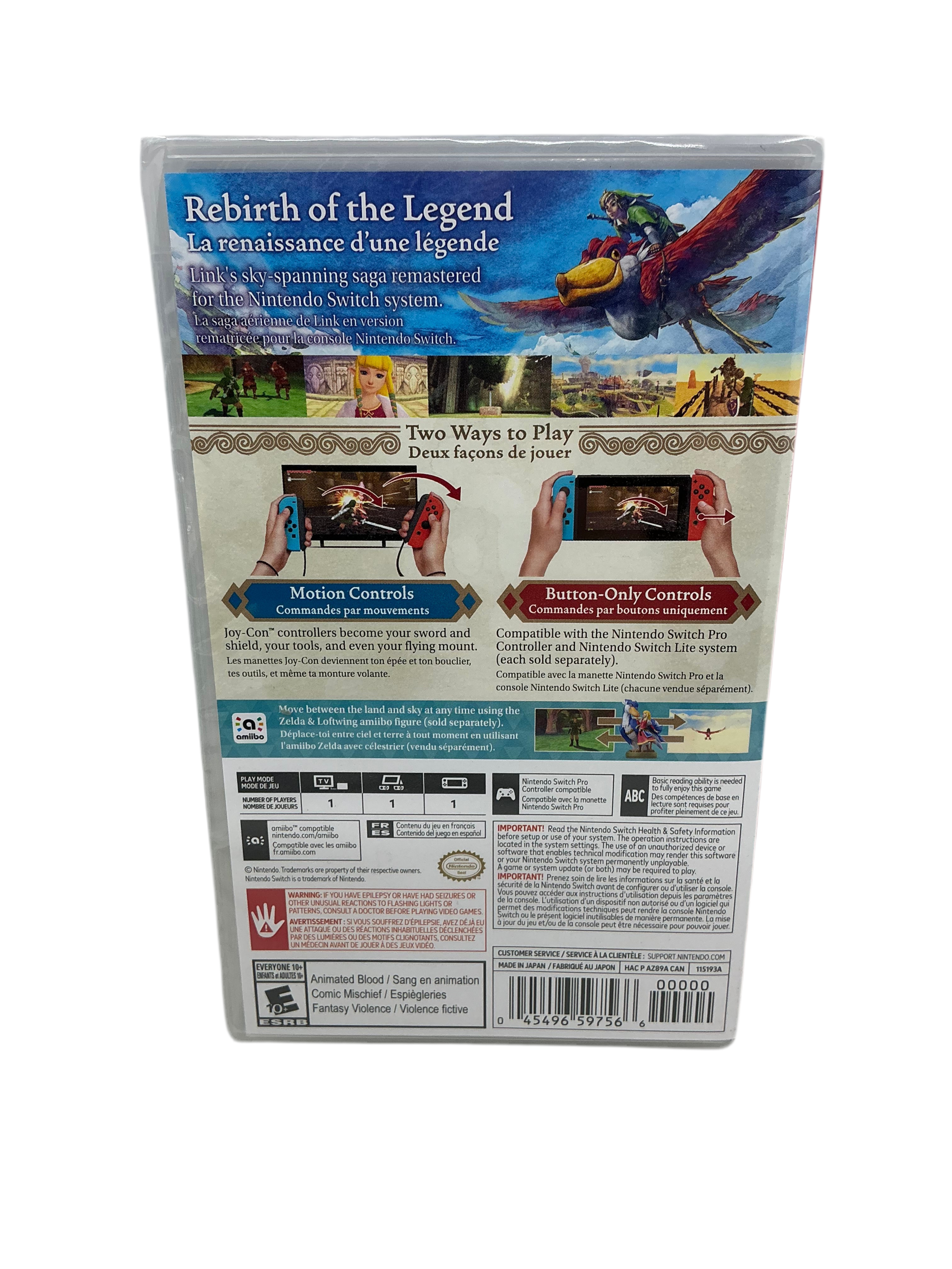 Back of game case for the Legend of Zelda: Skyward Sword edition on Nintendo Switch