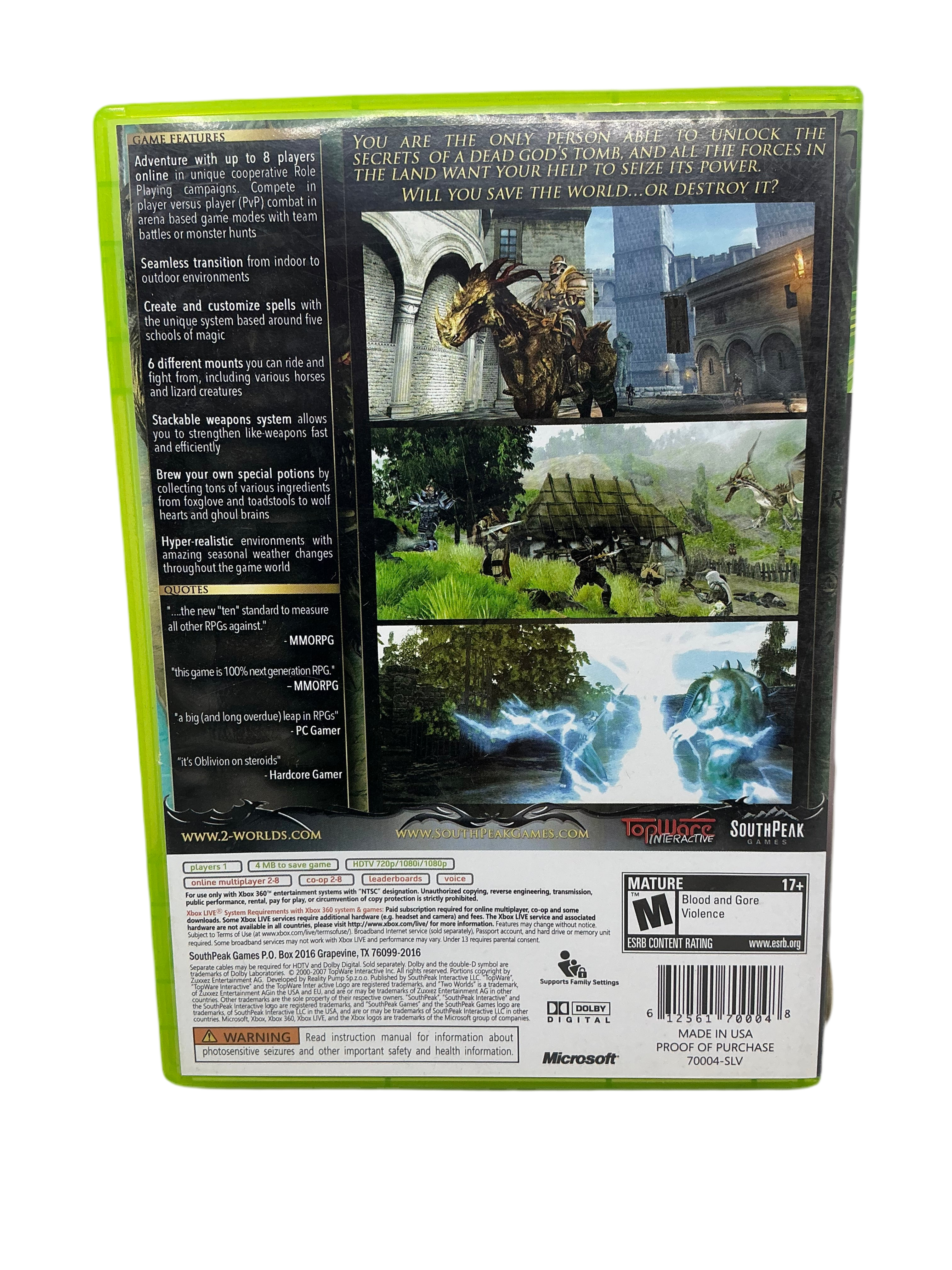 Back view of Two Worlds video game box with graphics and text on a transparent background