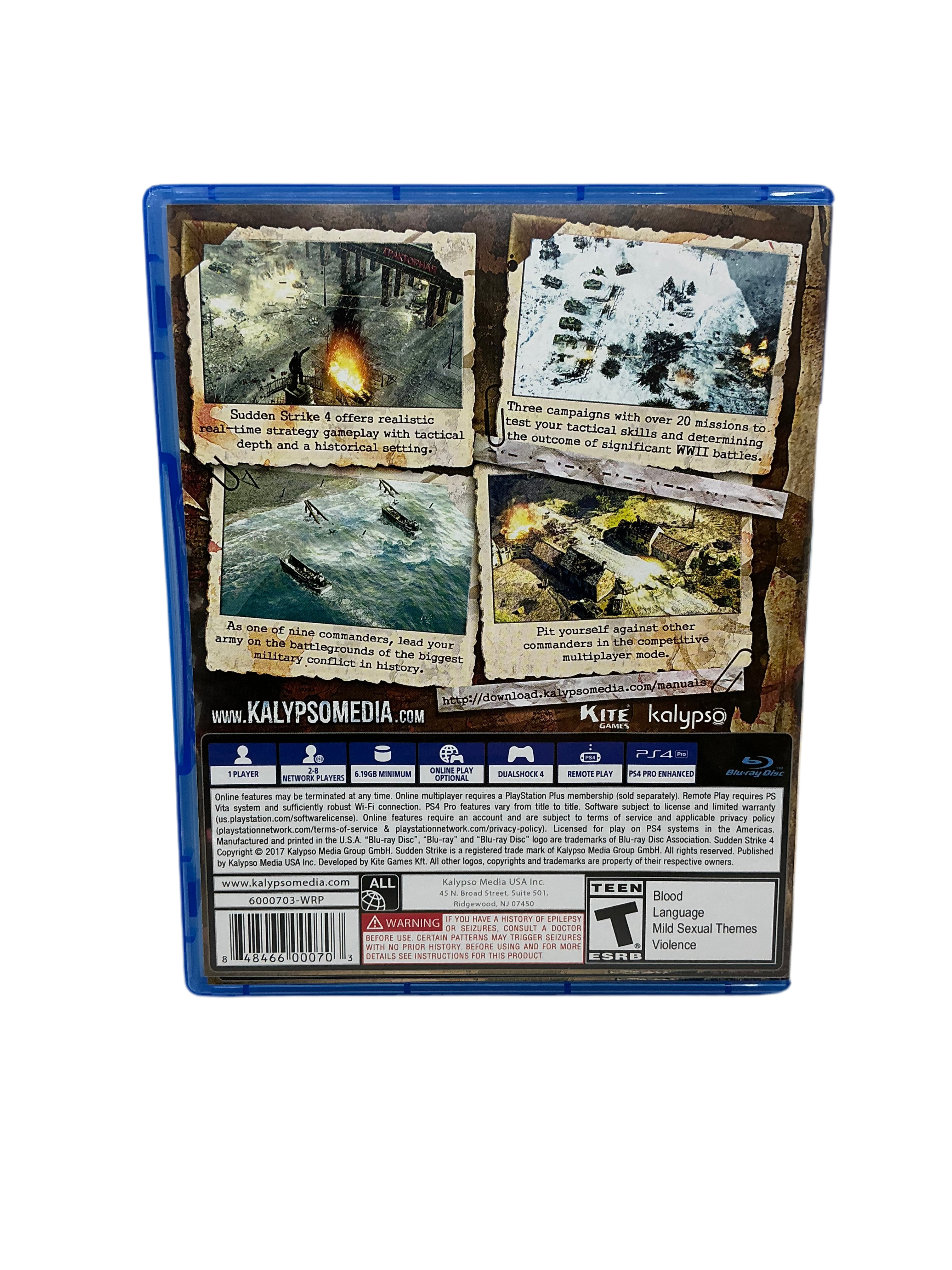 Back cover of a Sudden Strike 4 video game case with images and text on a transparent background