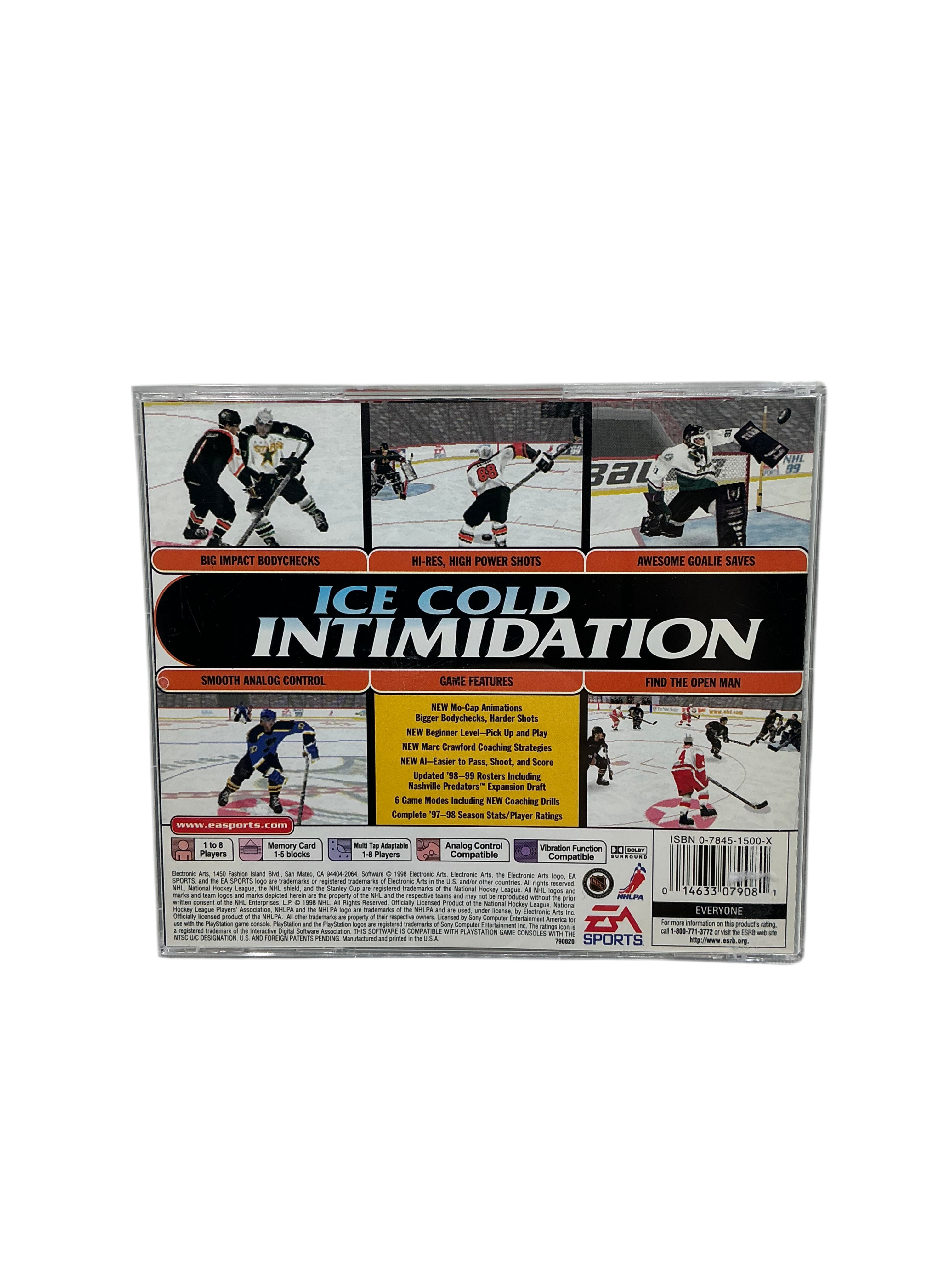 Back cover of the NHL 99 game disc for Playstation on a transparent background.