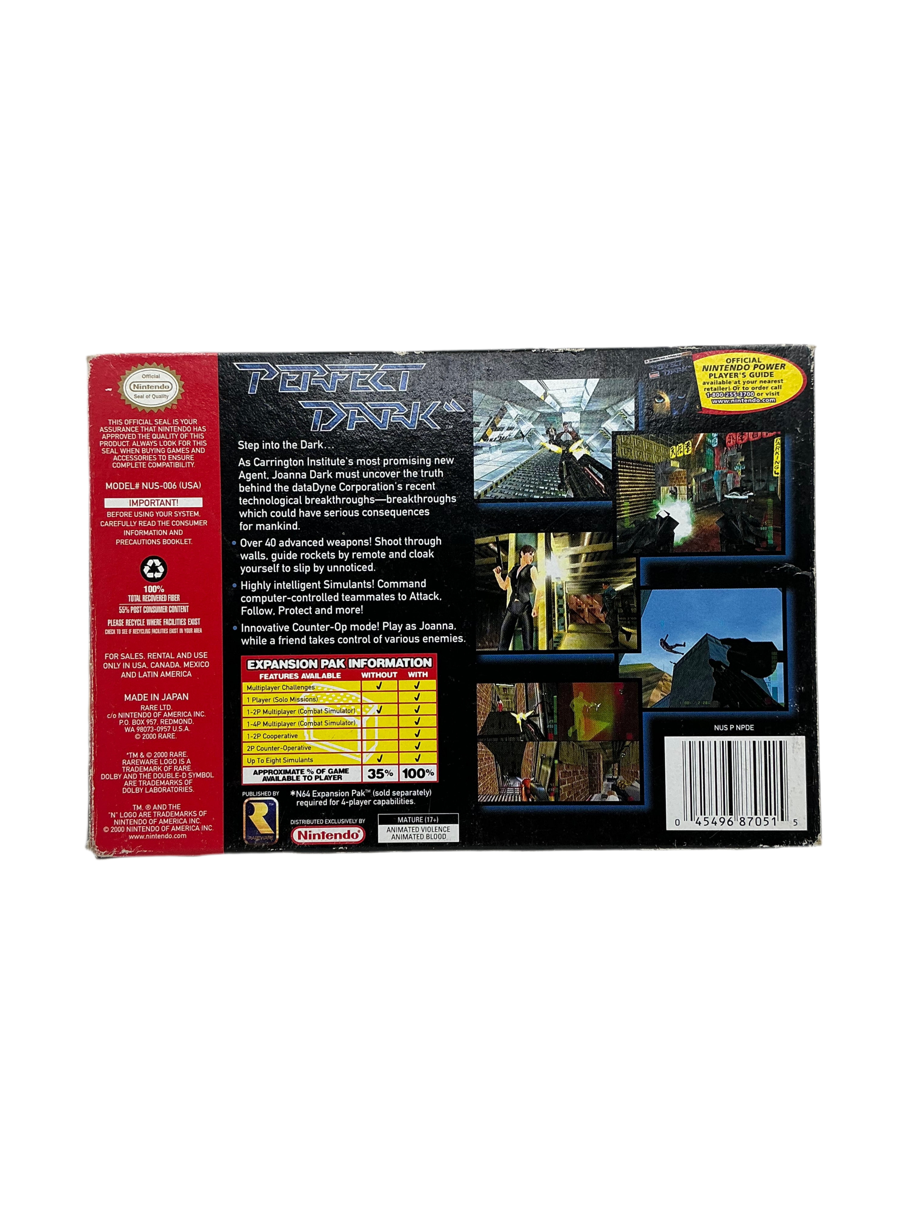 Back of video game box for 'Perfect Dark' on a white background.