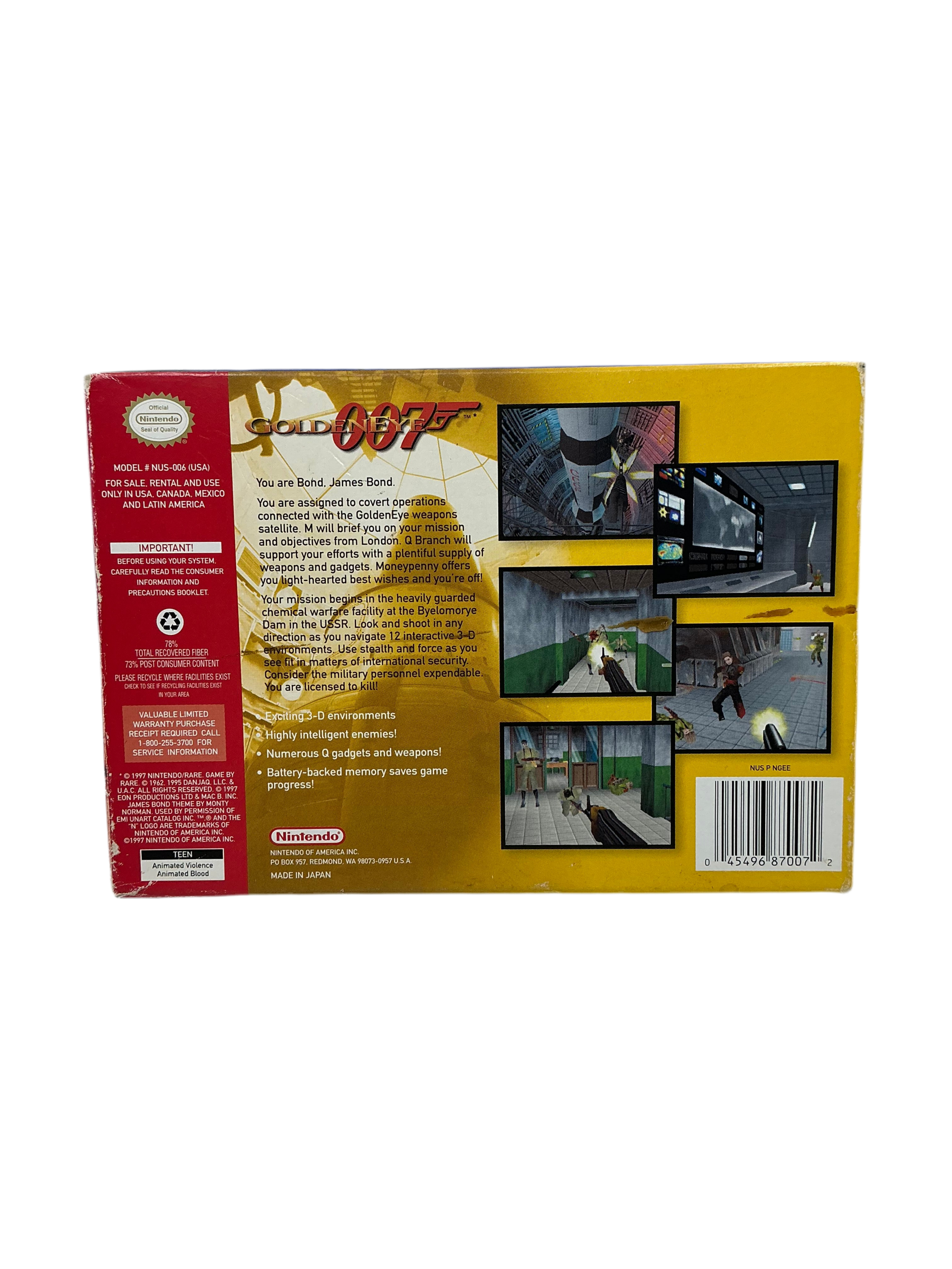 Back view of Goldeneye 007 video game box with branding on a transparent background.