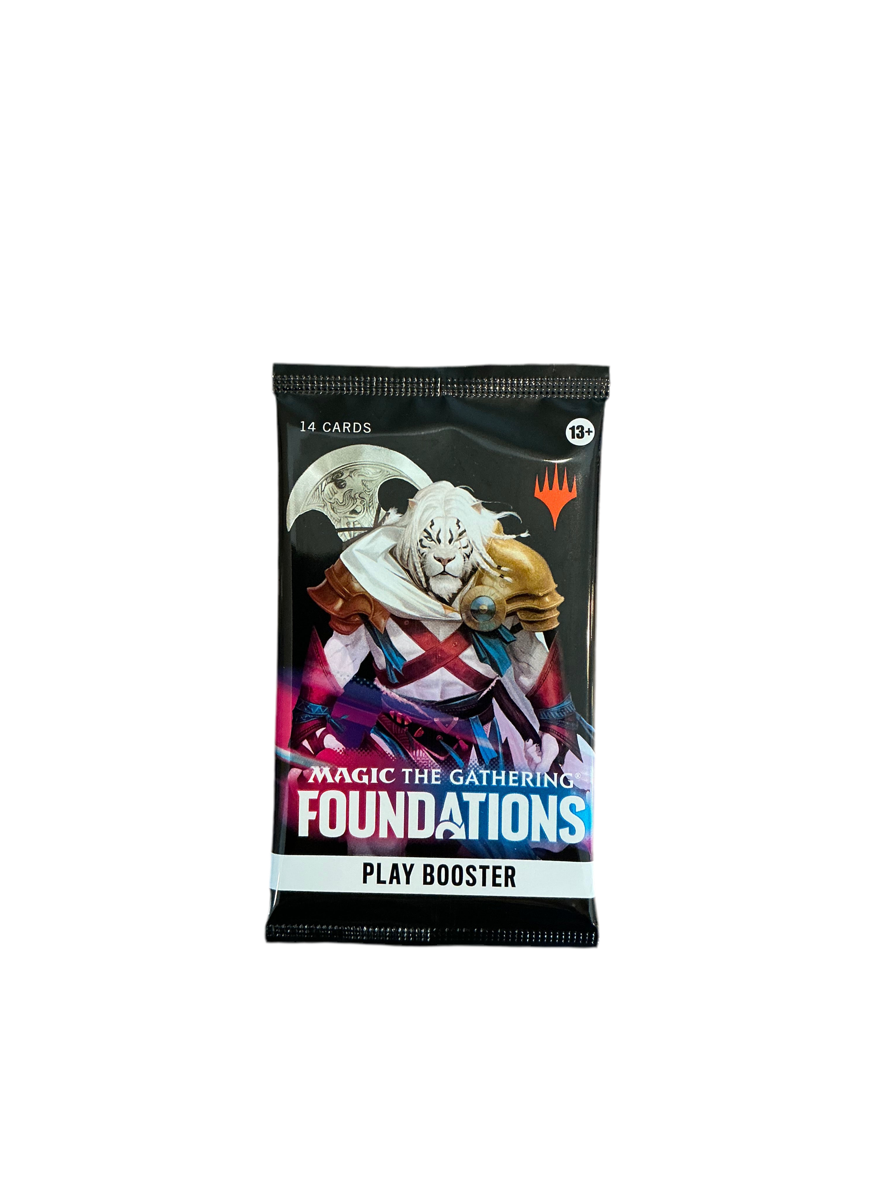 A single booster pack of Magic the Gathering Foundations featuring a white tiger warrior.