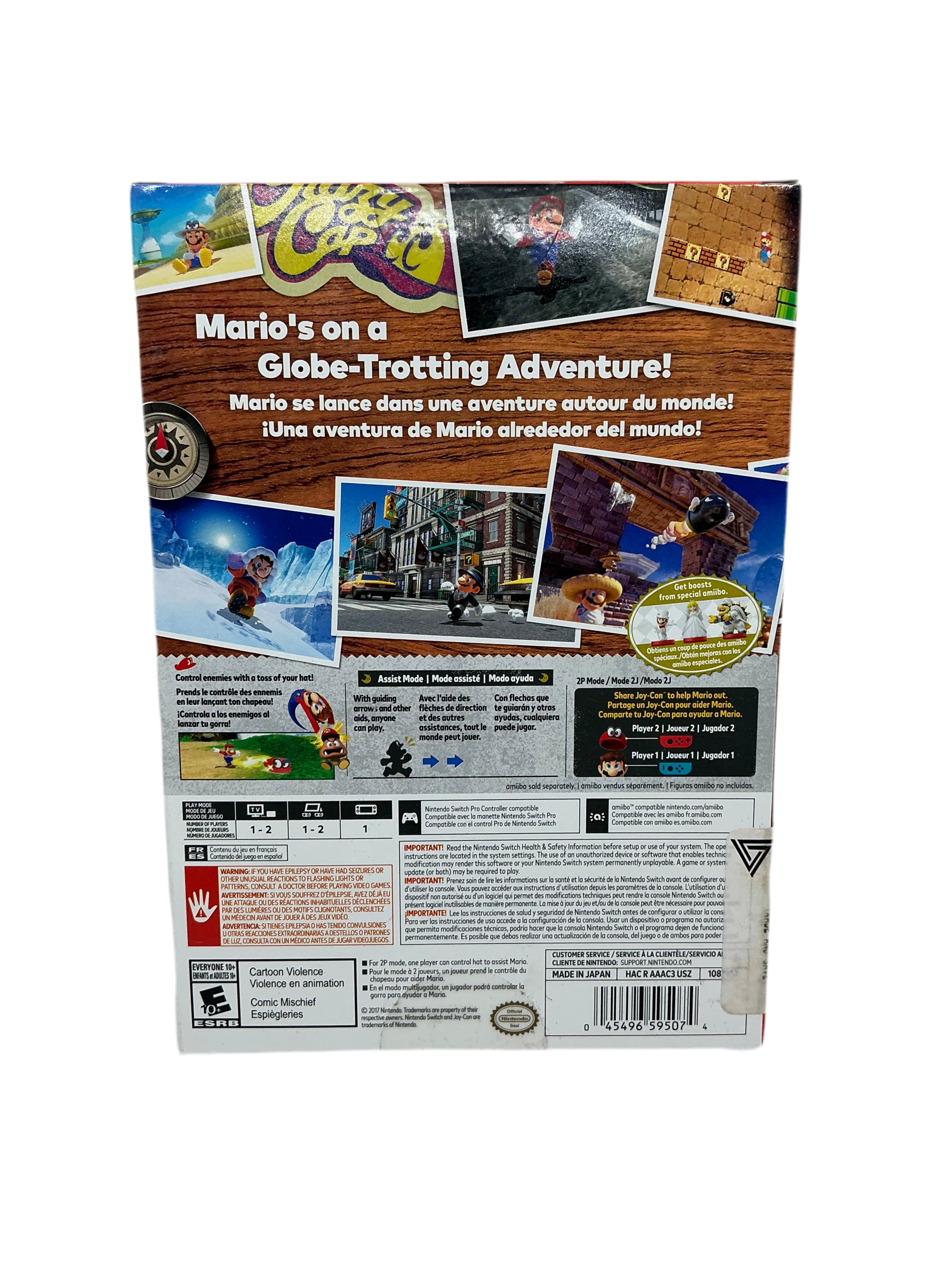 Back of cardboard box containing Super Mario Odyssey for Nintendo Switch.
