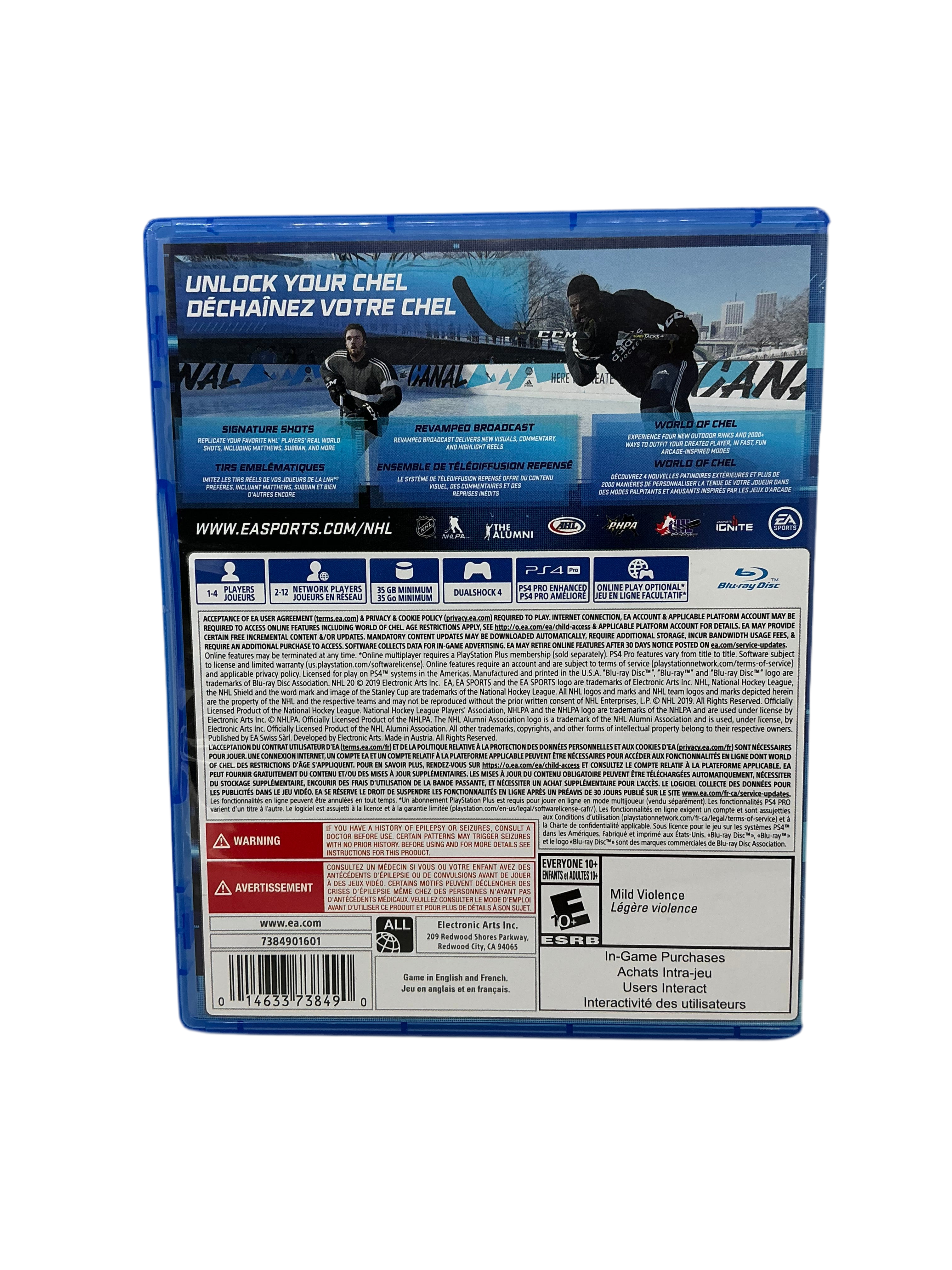 Back cover of the NHL 20 game disc for Playstation 4 on a transparent background.