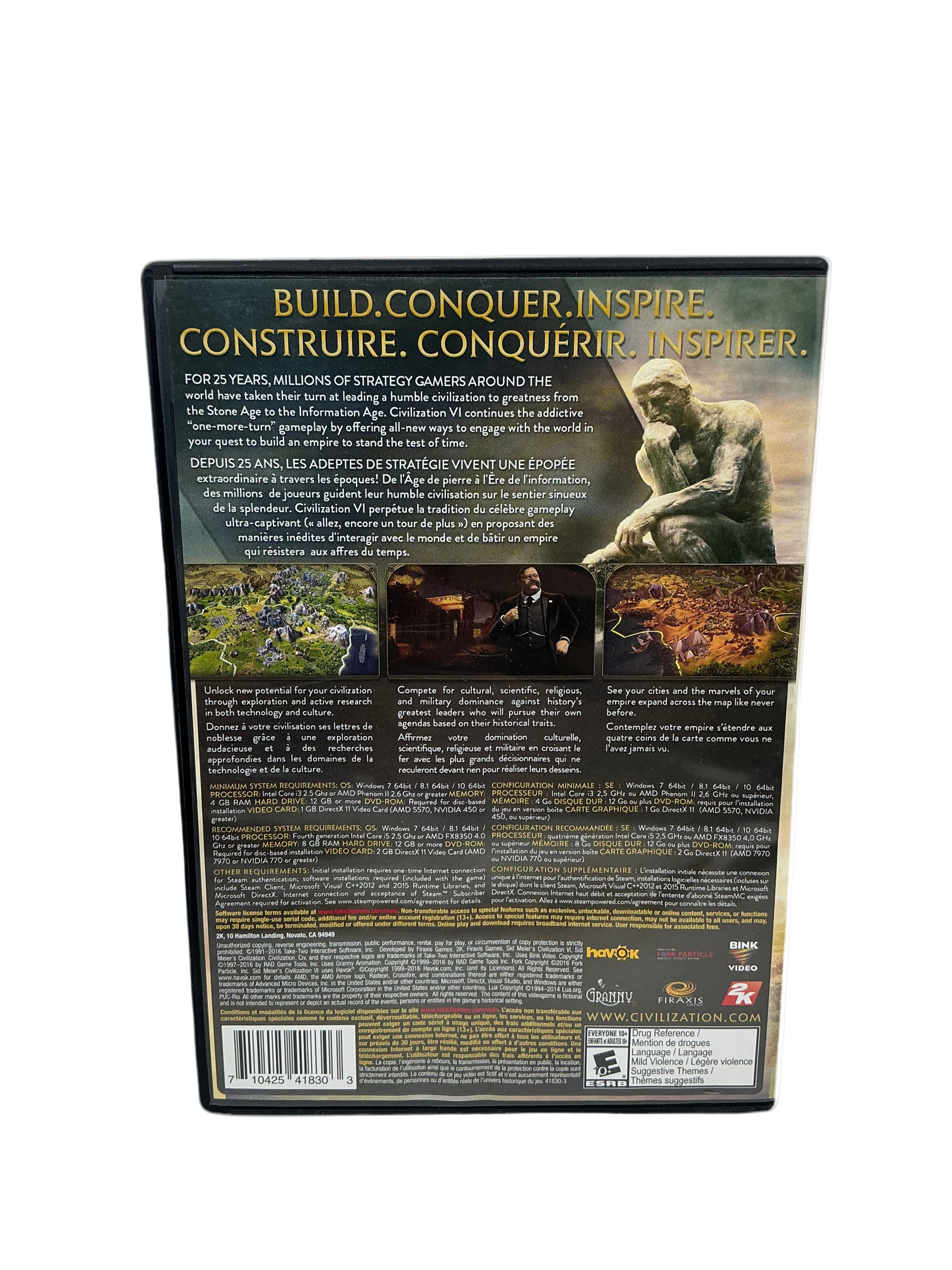 Back cover of a strategy game box with text and images of a warrior and landscape.