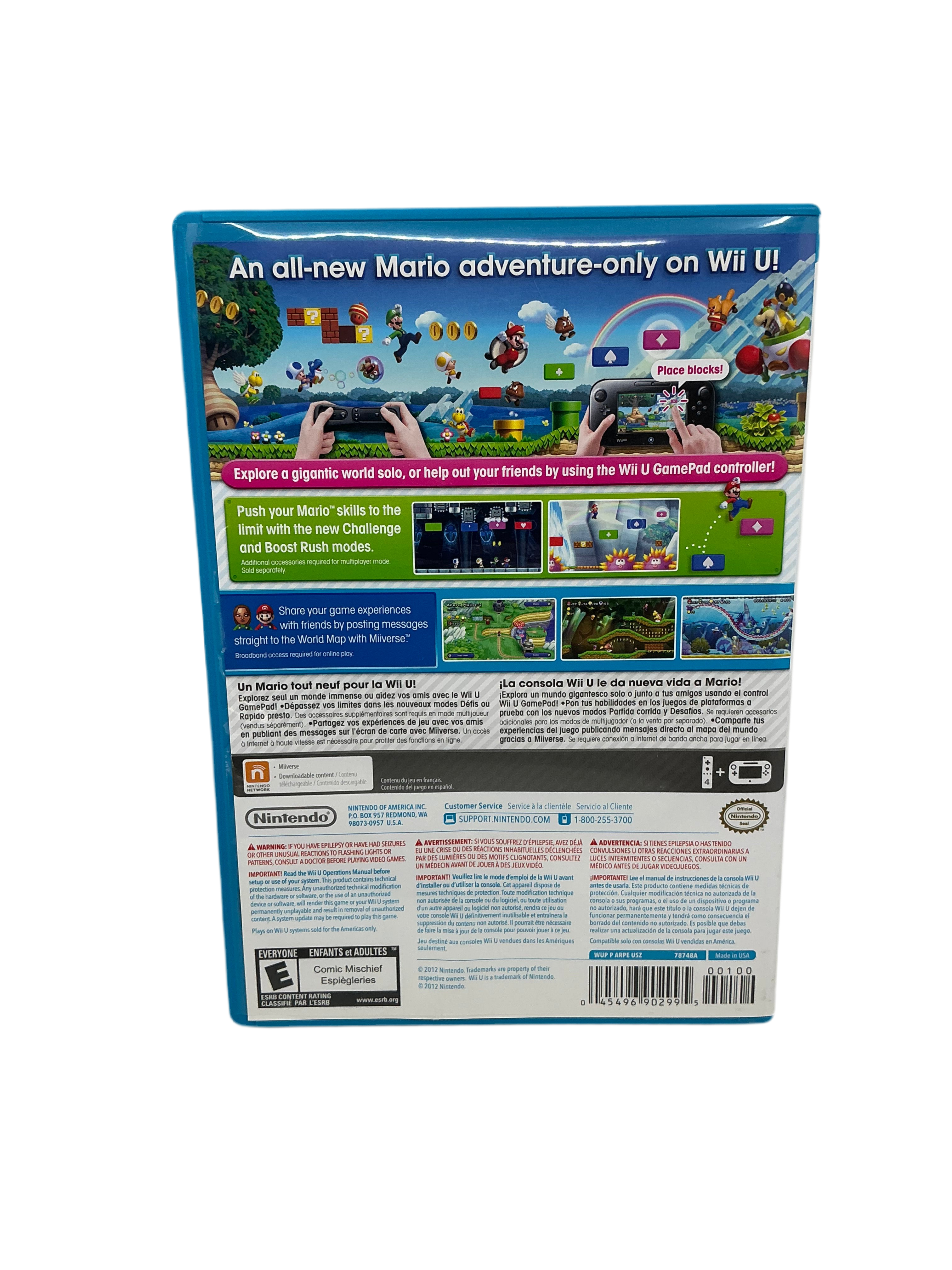 Back cover of a Mario game for Wii U with colorful graphics and text.