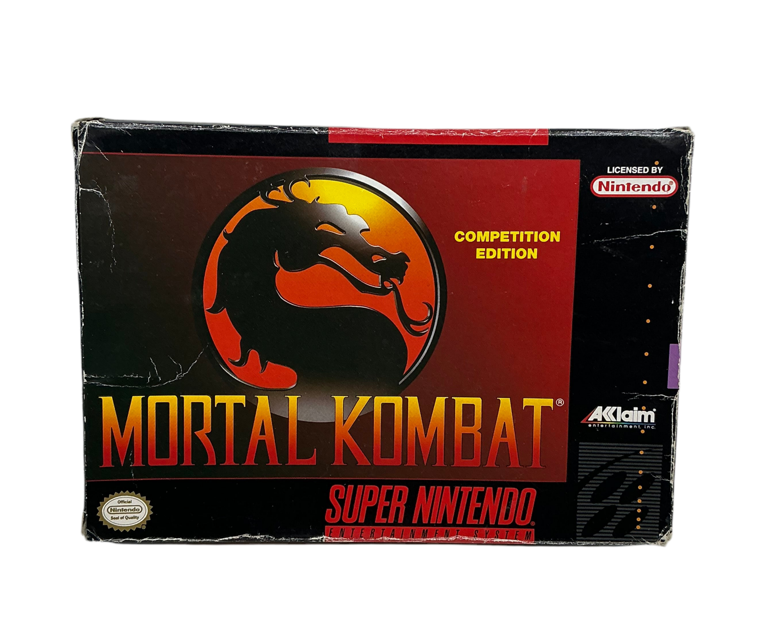 Front cover of box art for Mortal Kombat on Super Nintendo. Box has slight damage and heavy edgewear.