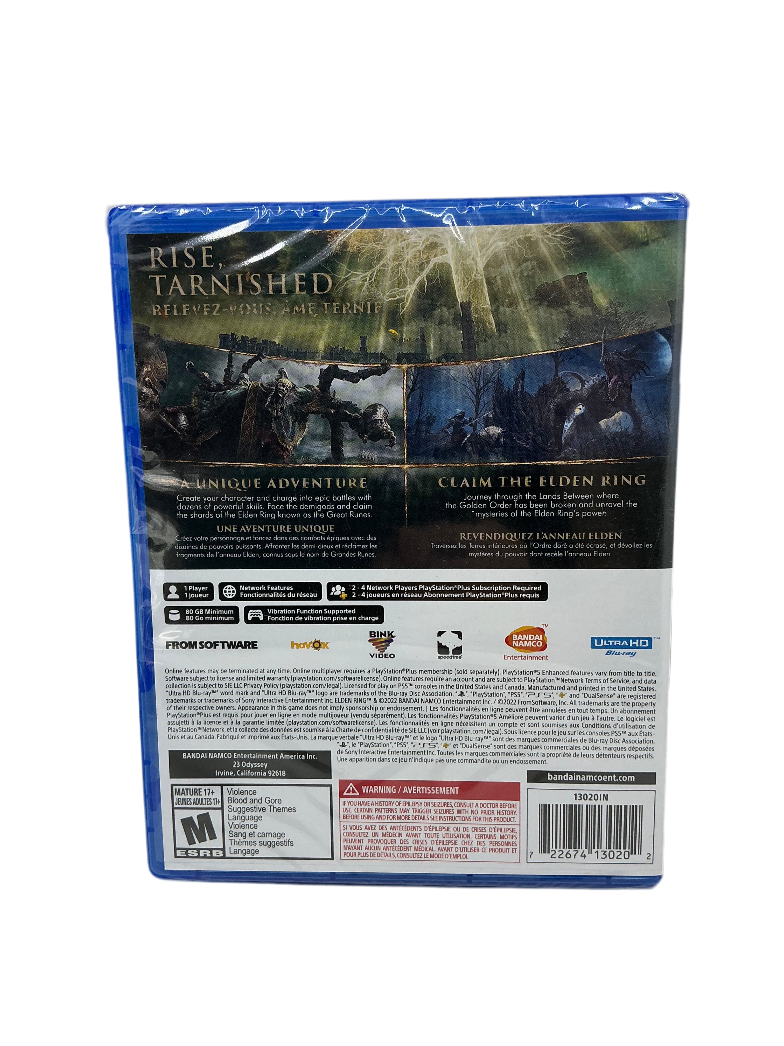Back cover of Elden Ring video game box for Playstation 5 on a transparent background.