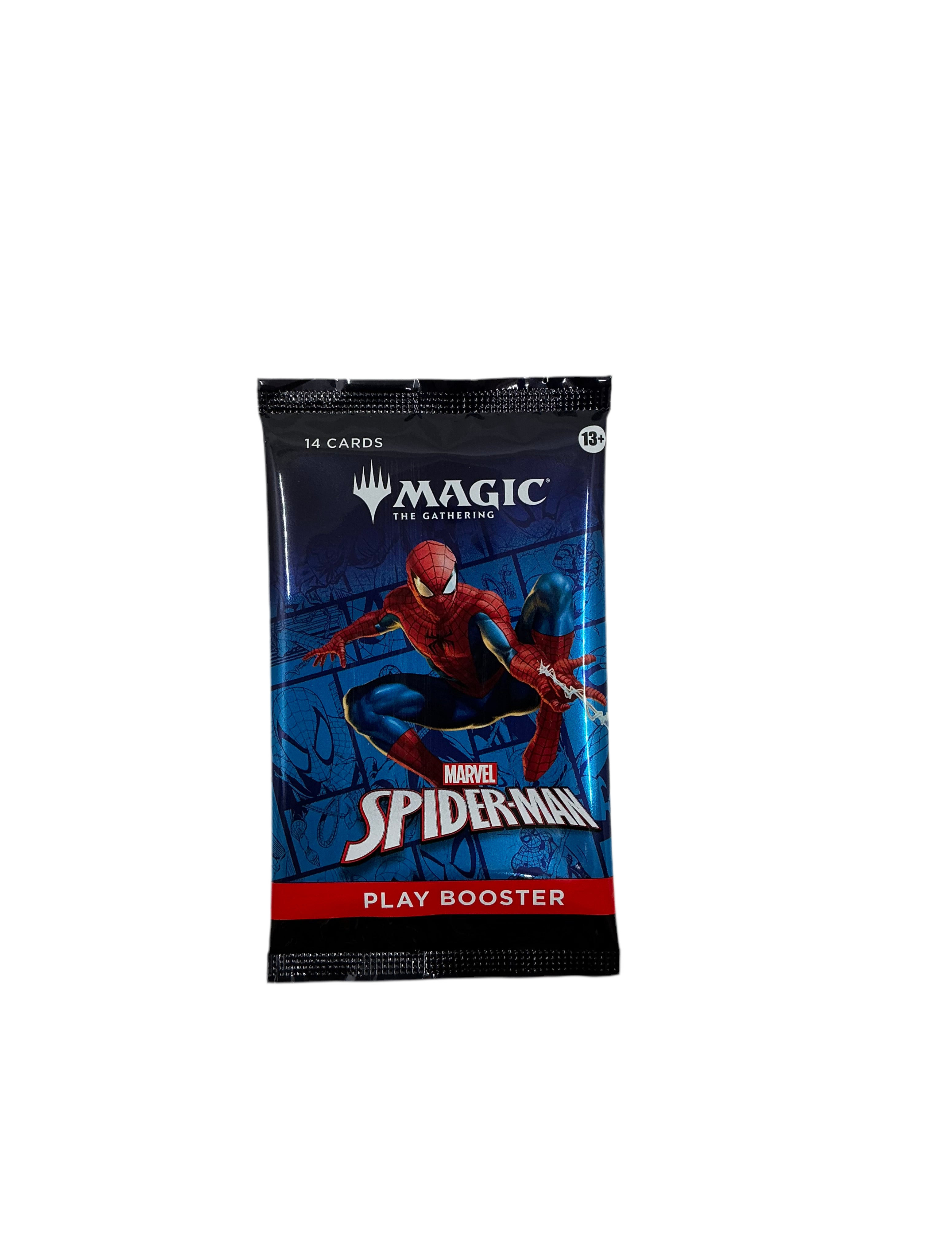 A single booster pack of Magic the Gathering’s collaboration with Marvel’s Spider-Man. The packaging features Spider-Man himself on a blue background.