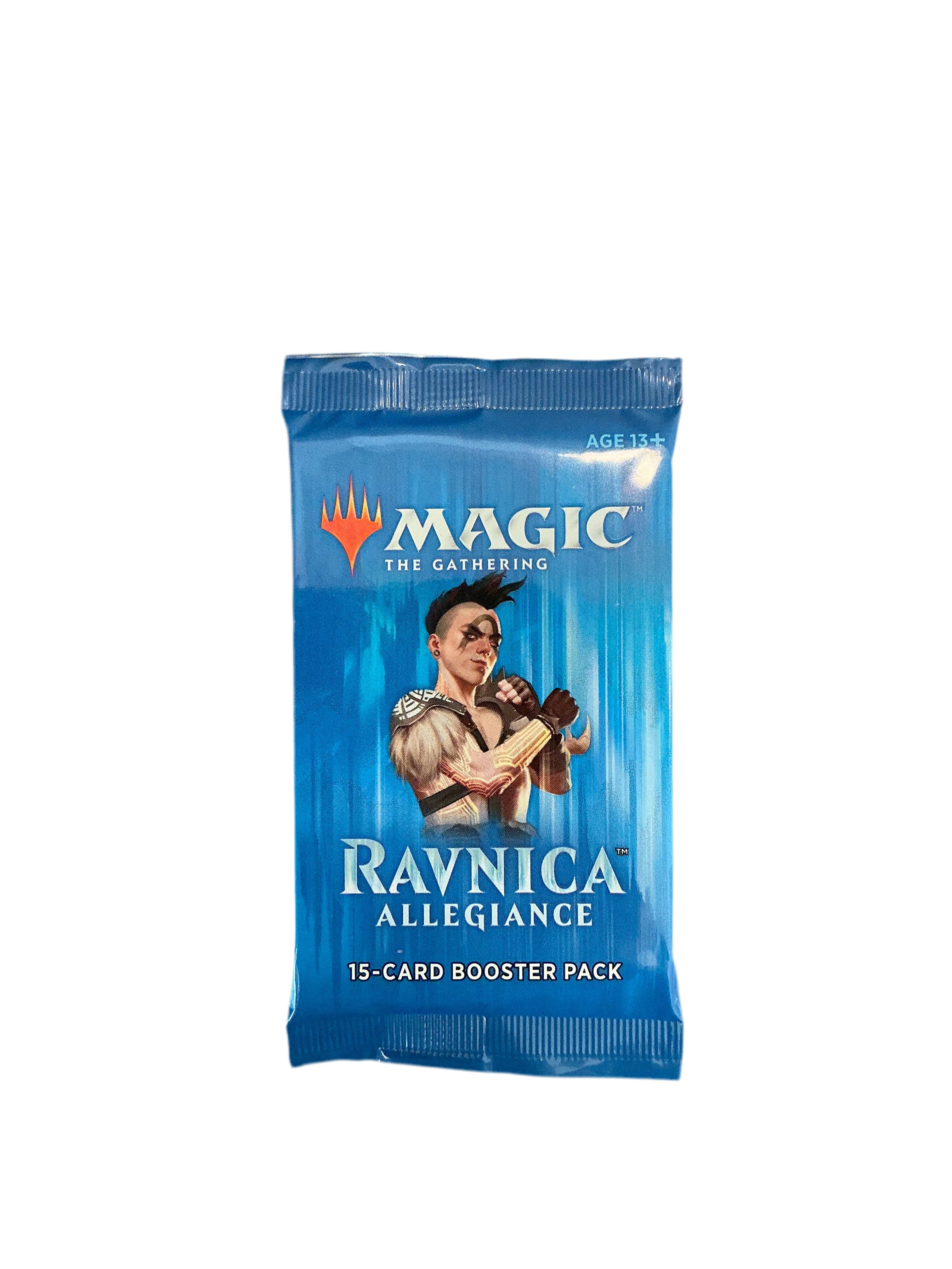 A single booster pack of Magic the Gathering’s Ravnica™ Allegiance featuring a strong woman flexing her arms in a fighting pose.