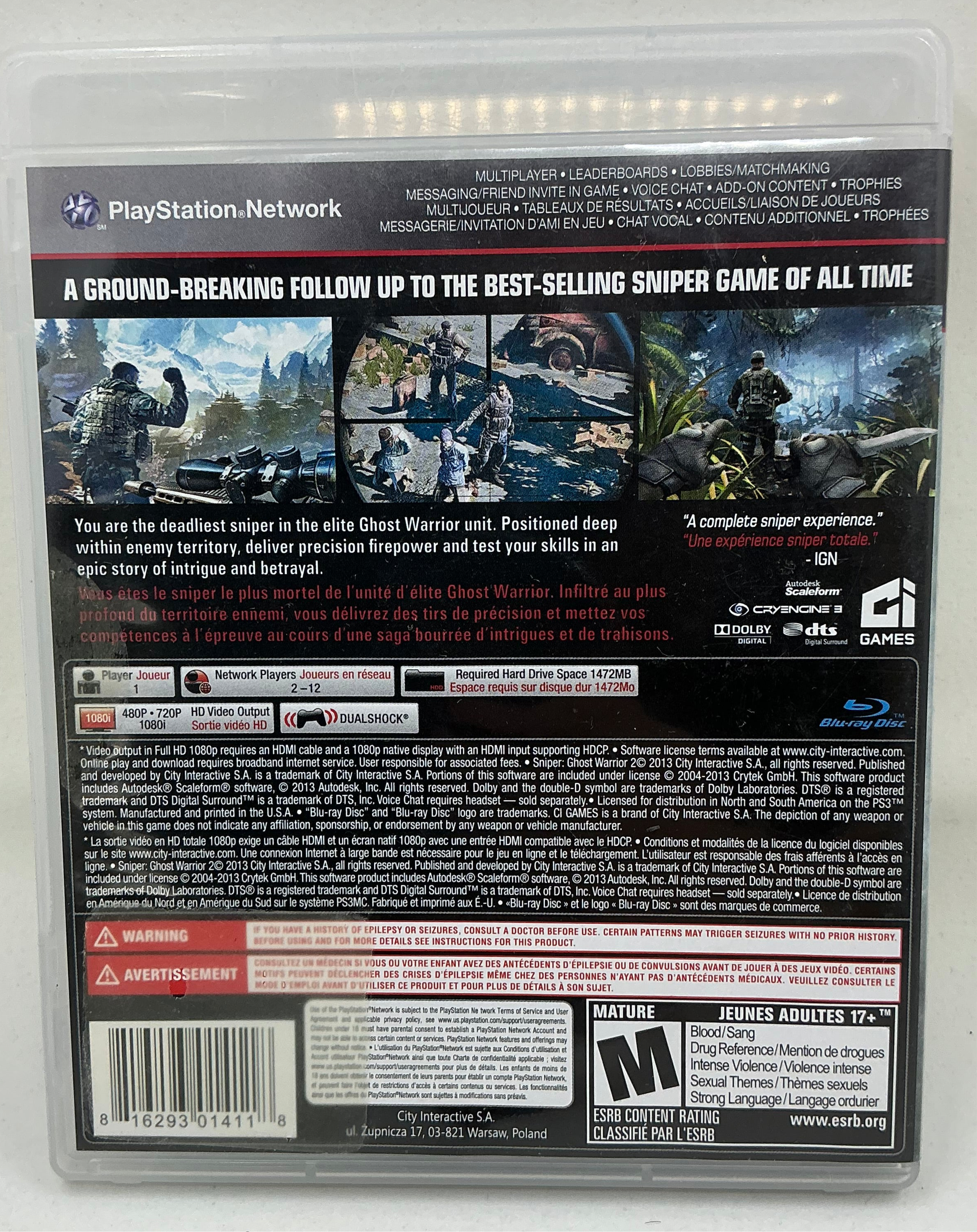 Back cover of a Sniper Elite II game with text and graphics on a transparent background.