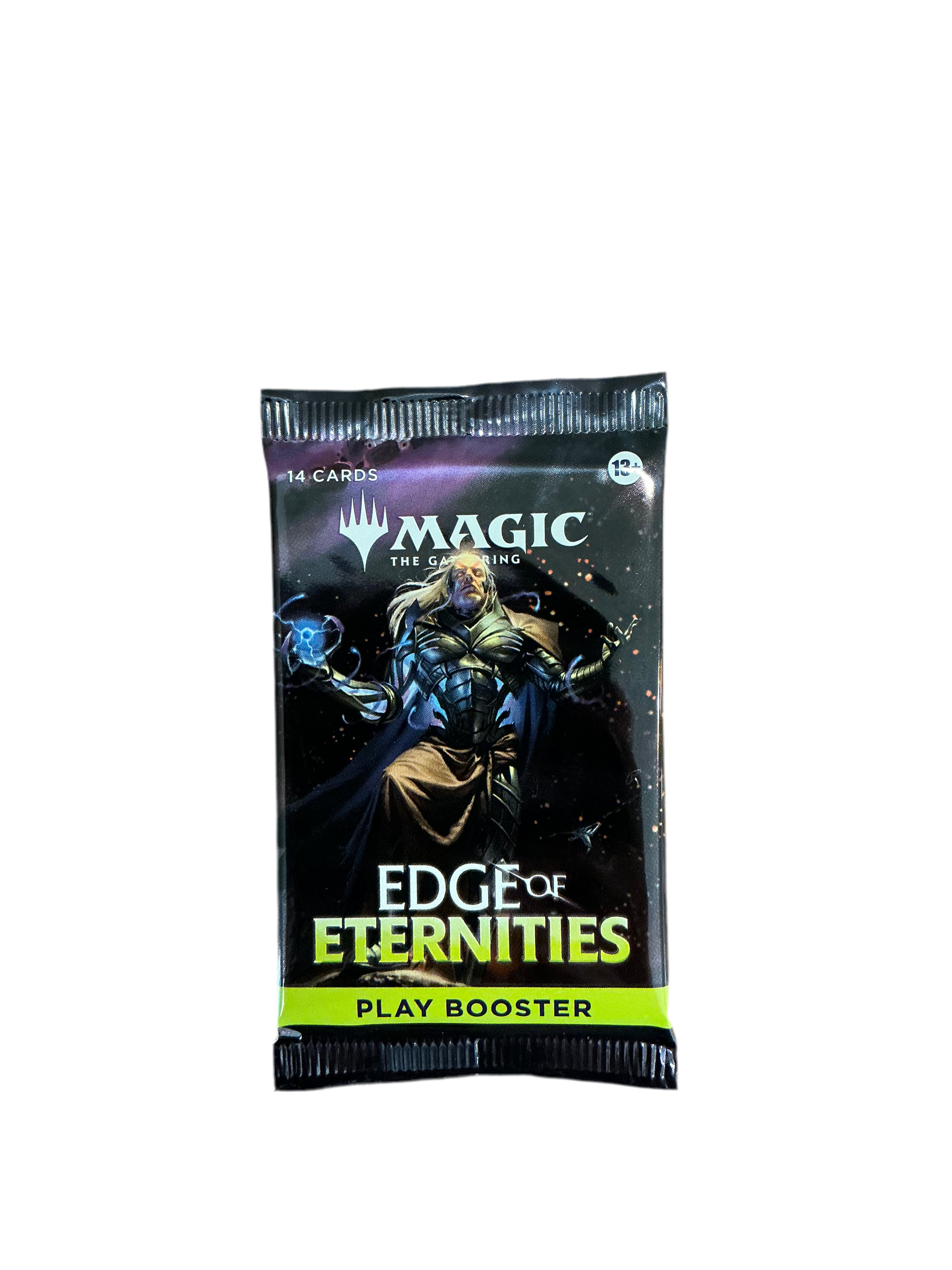 A Magic the Gathering Edge of Eternities booster pack featuring a space warlock floating in front of galaxies on the cover art.