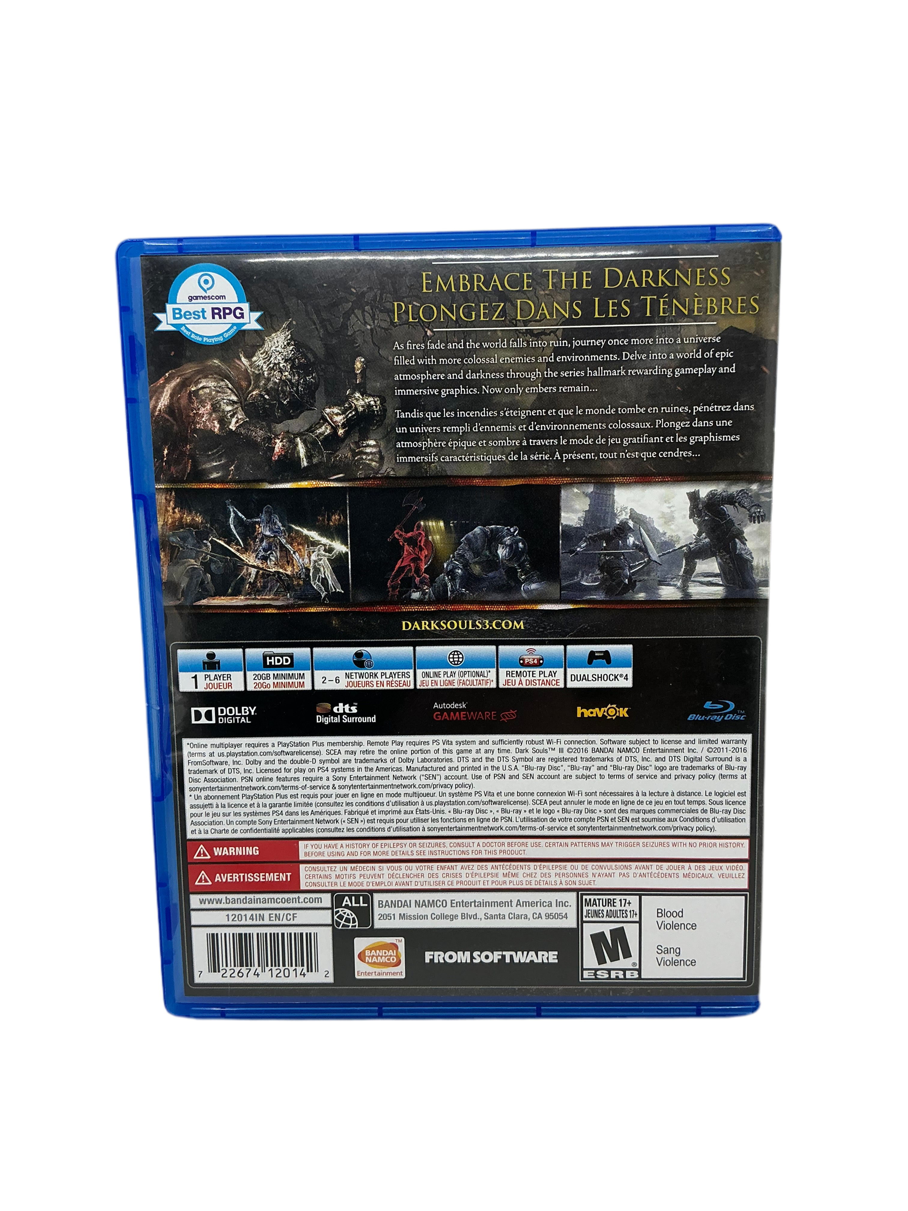 Back cover of Dark Souls III game disc for Playstation 4.