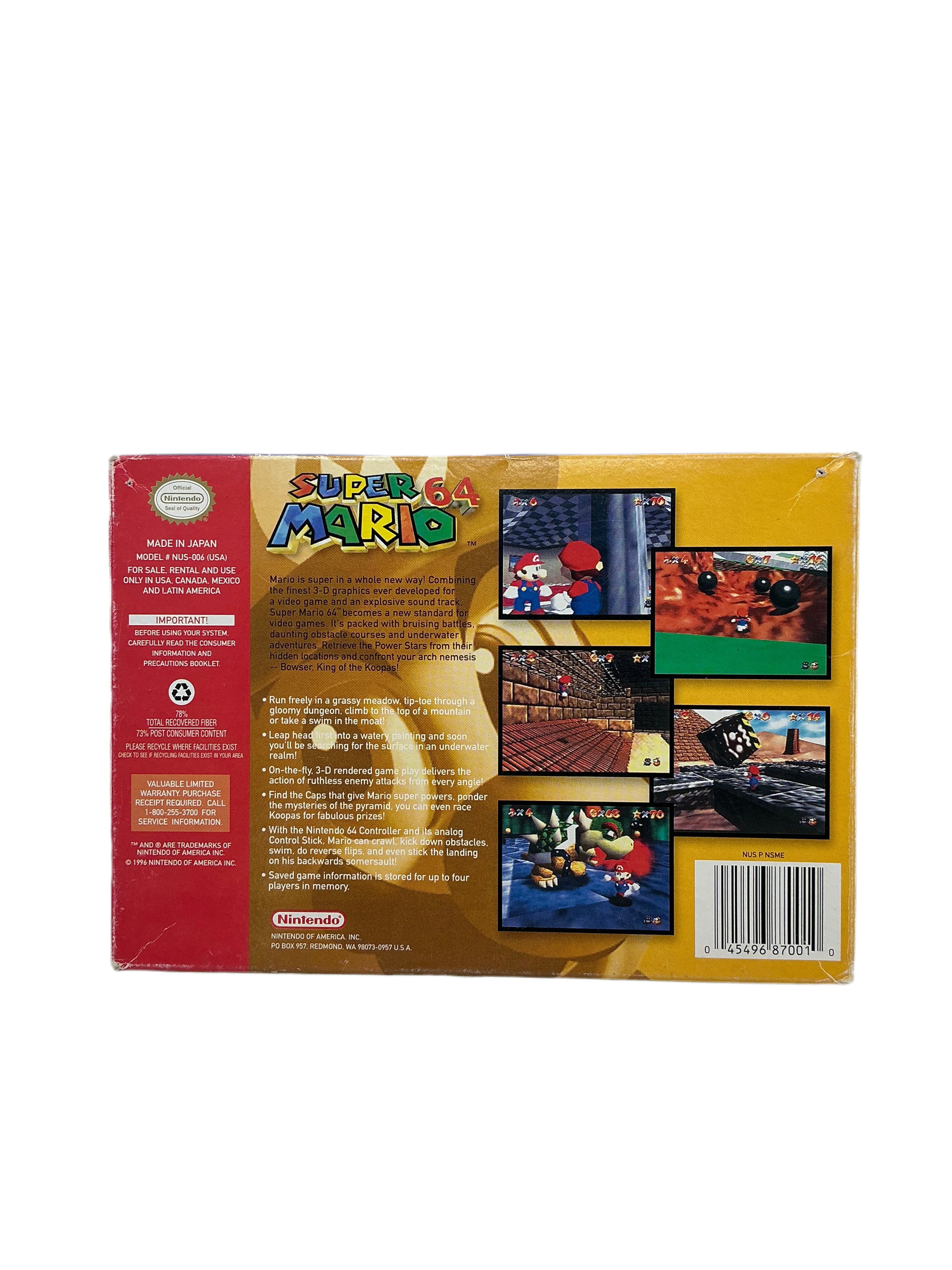 Back of Super Mario 64 game box with images and text on a white background