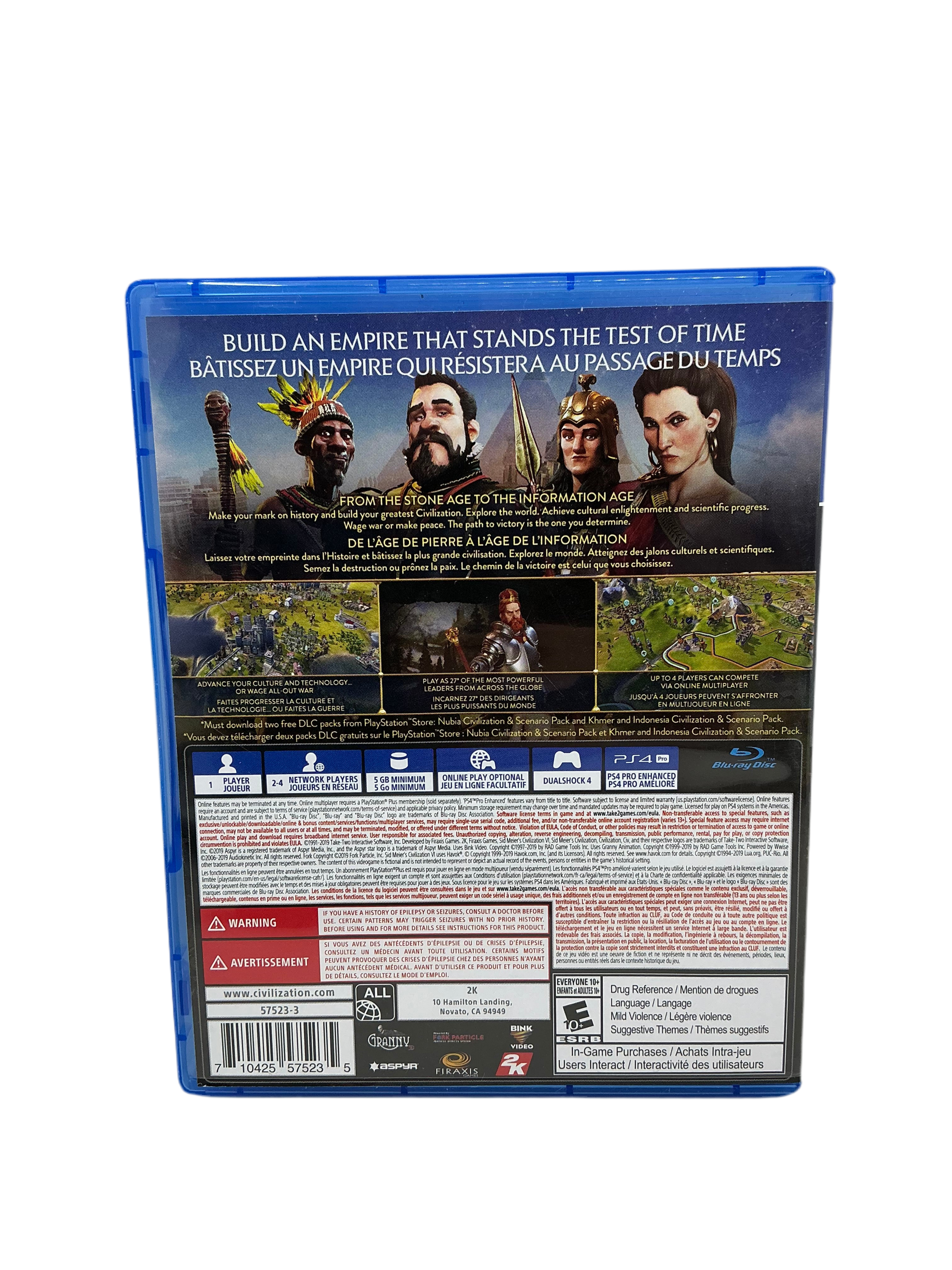 Back cover of a Civilization VI video game packaging with characters and text on a blue border