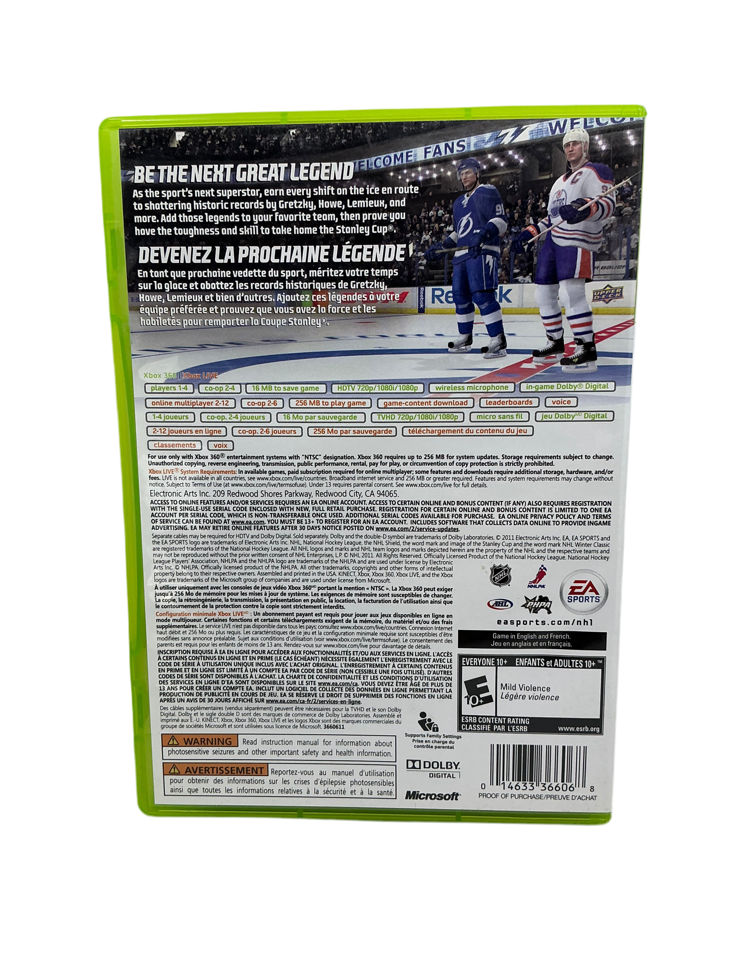 Back cover of the NHL 12 game disc for XBox 360 on a transparent background.