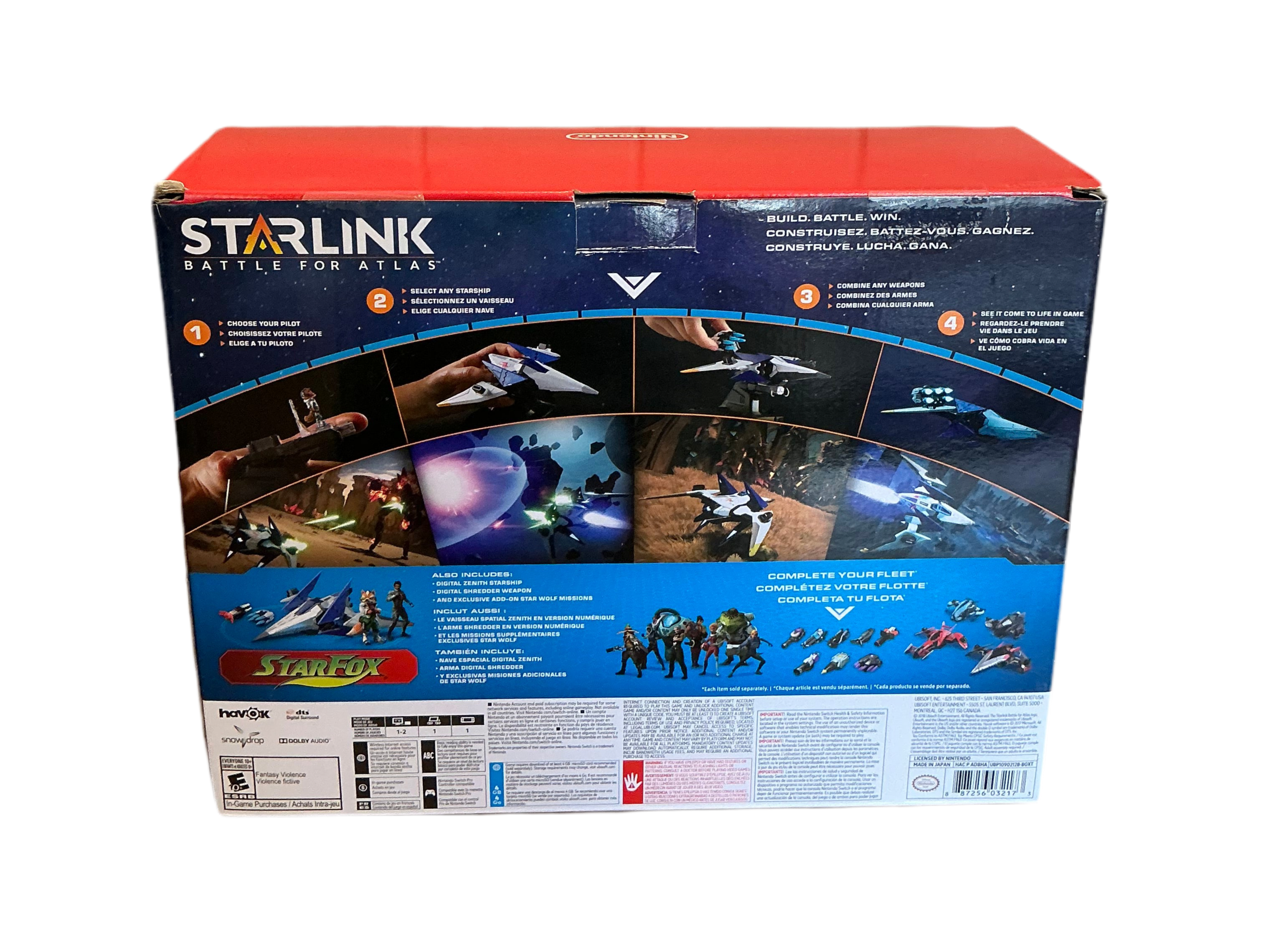 Back of Starlink box featuring the inside of a space ship in several views and the figurines inside the box.