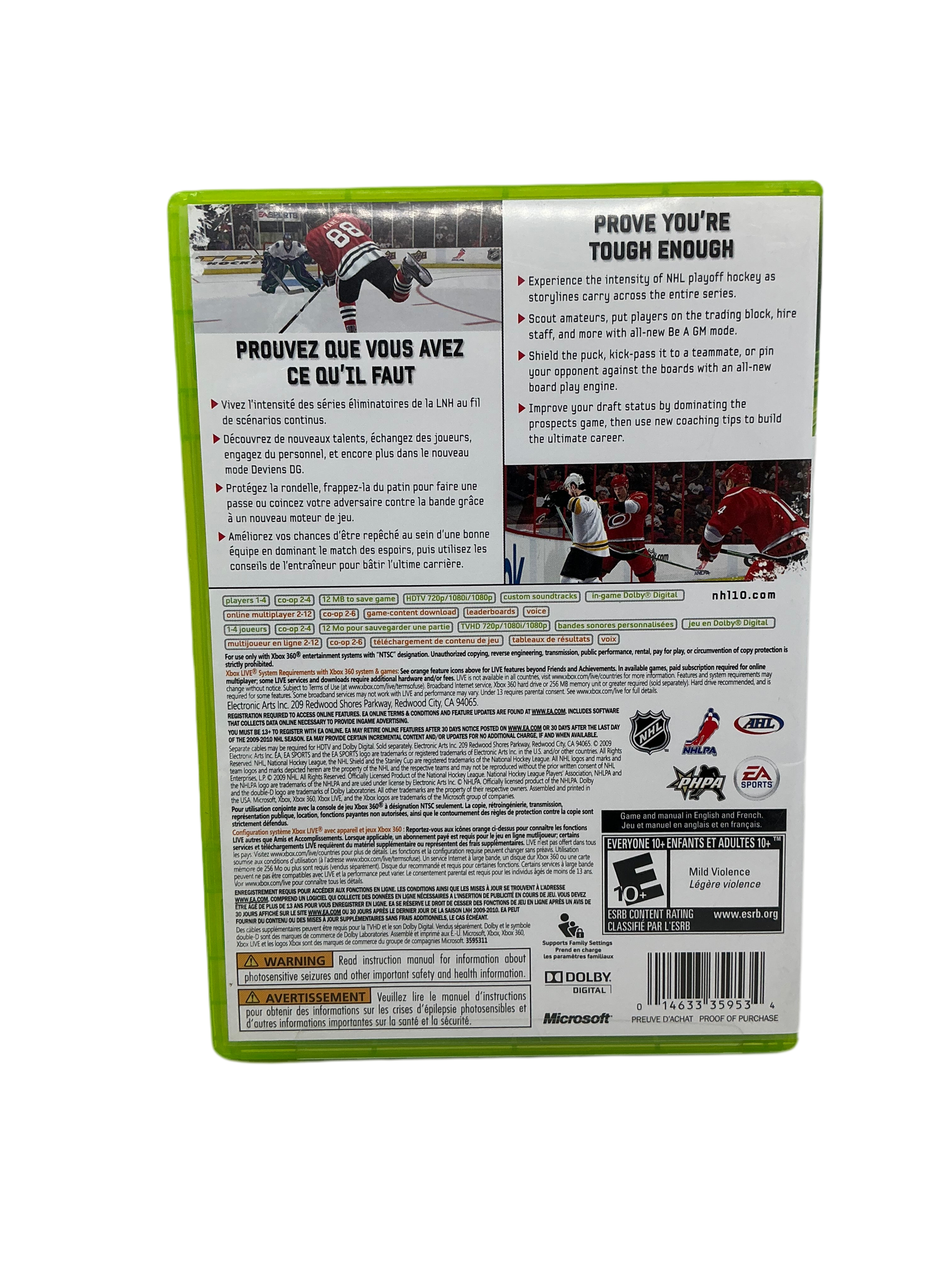Back cover of the NHL 10 game disc for XBox 360 on a transparent background.
