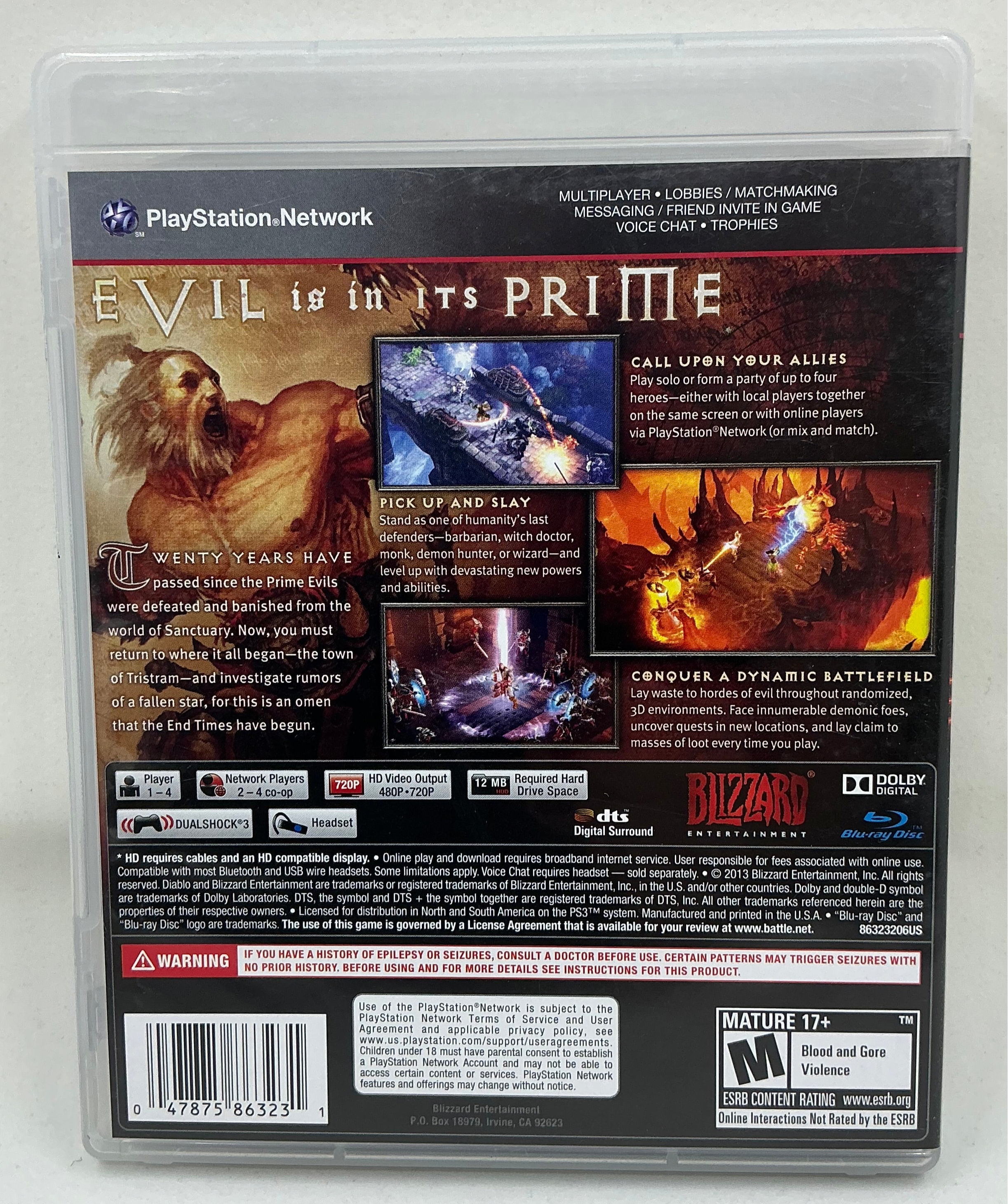 Back of video game case for Diablo 3 on Playstation 3.