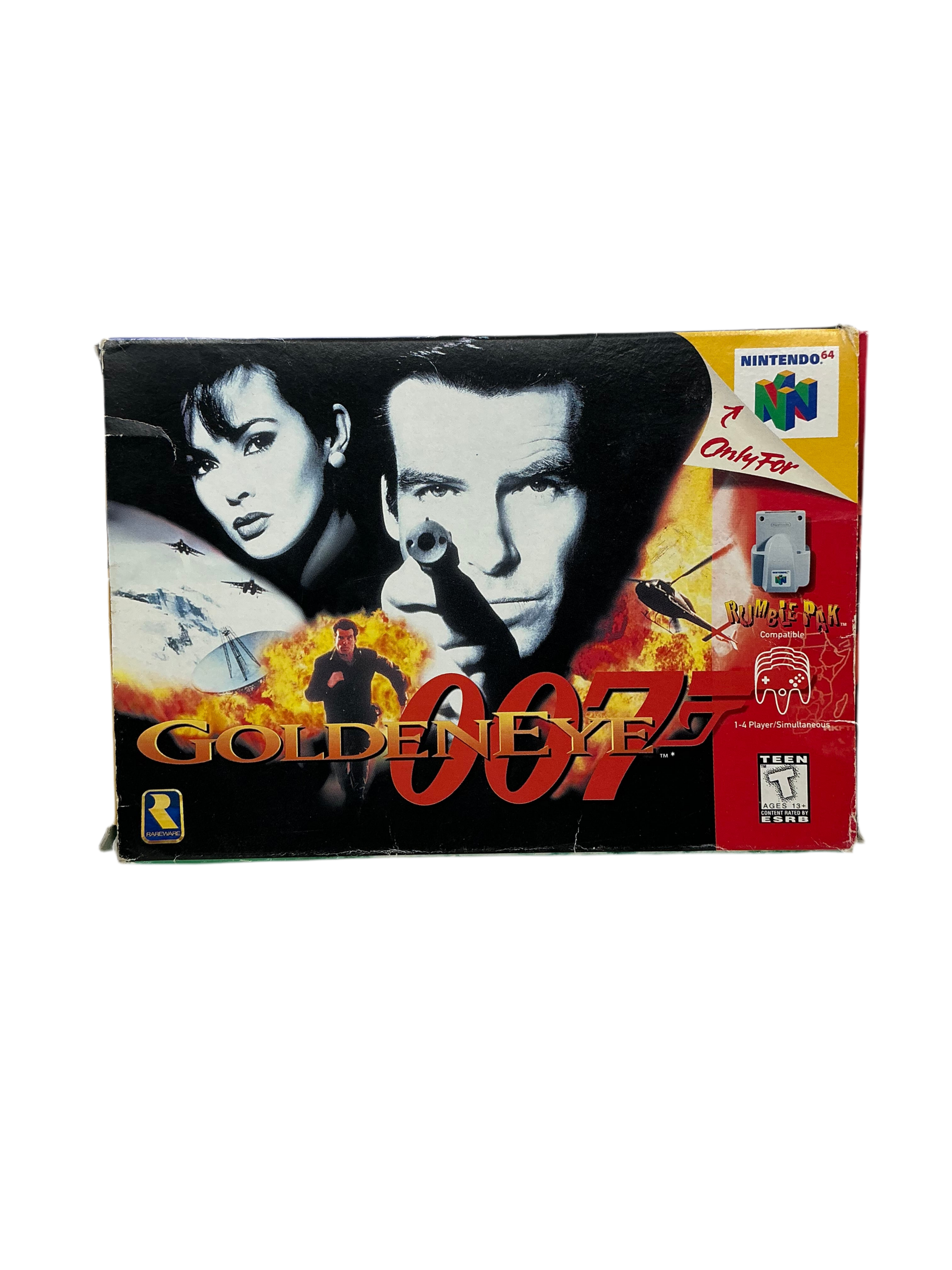 Box of 'GoldenEye' video game for Nintendo 64 with James Bond and Bond girl on the cover.