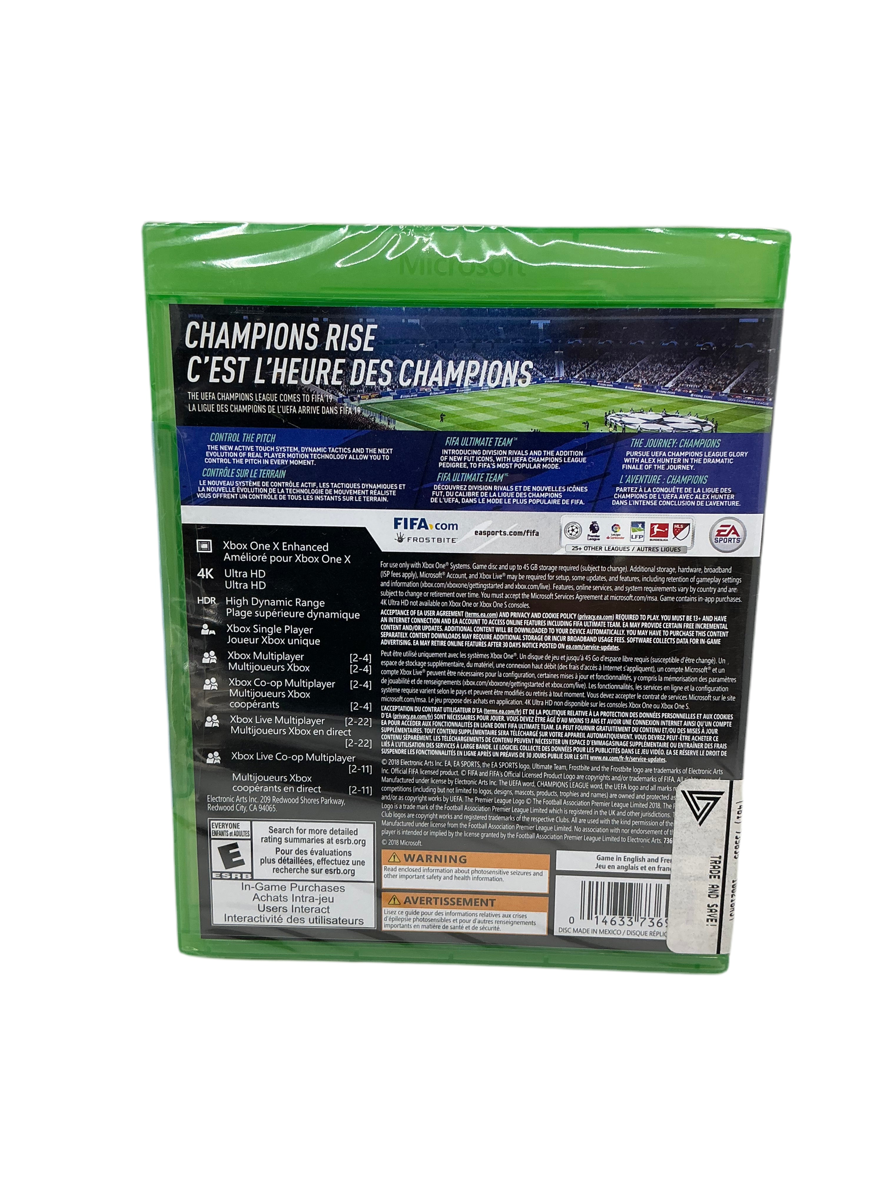 Back cover of FIFA 19 for XBox One game case.