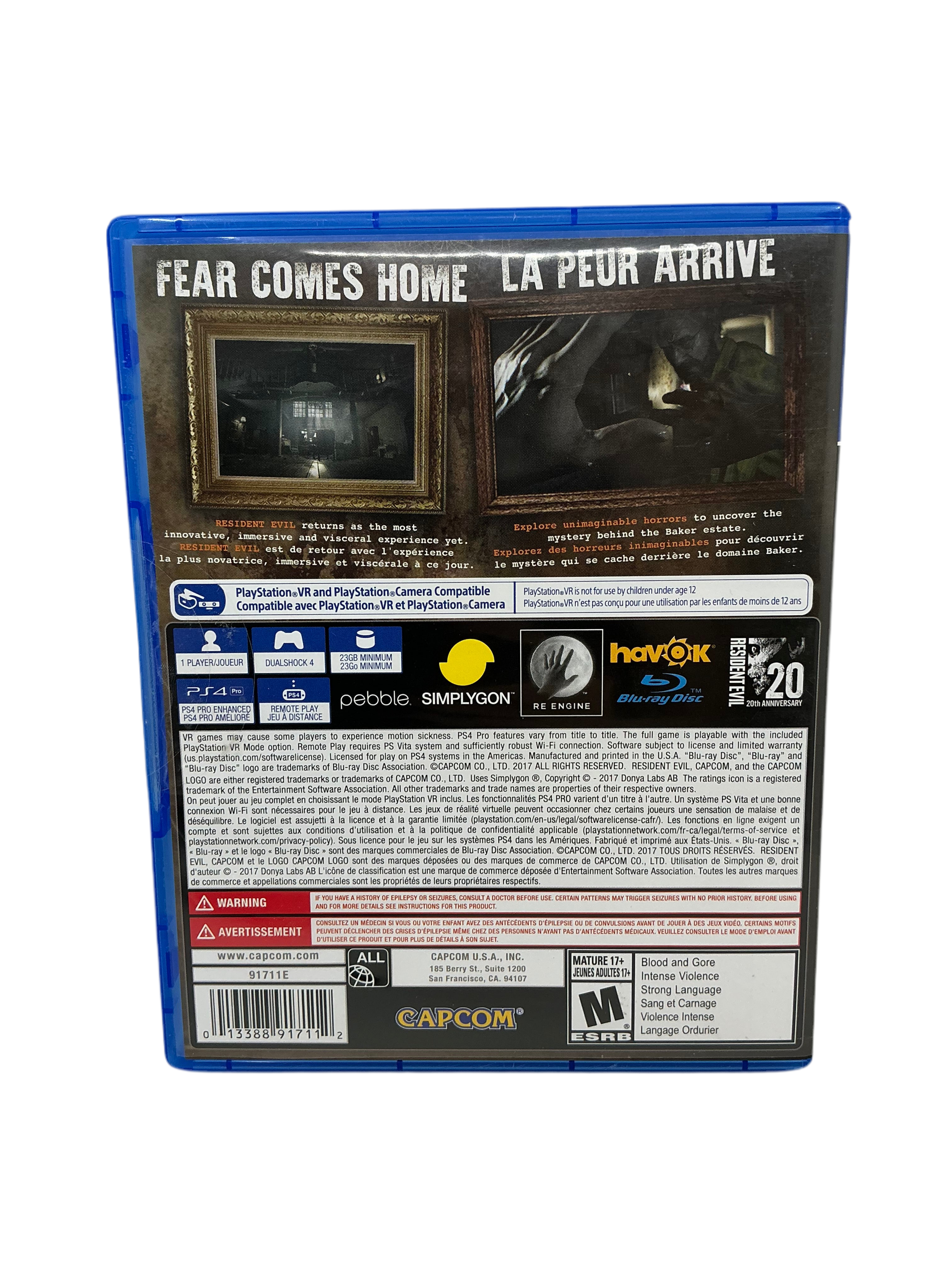 Back cover of a Resident Evil VII game case with branding and text on a white background