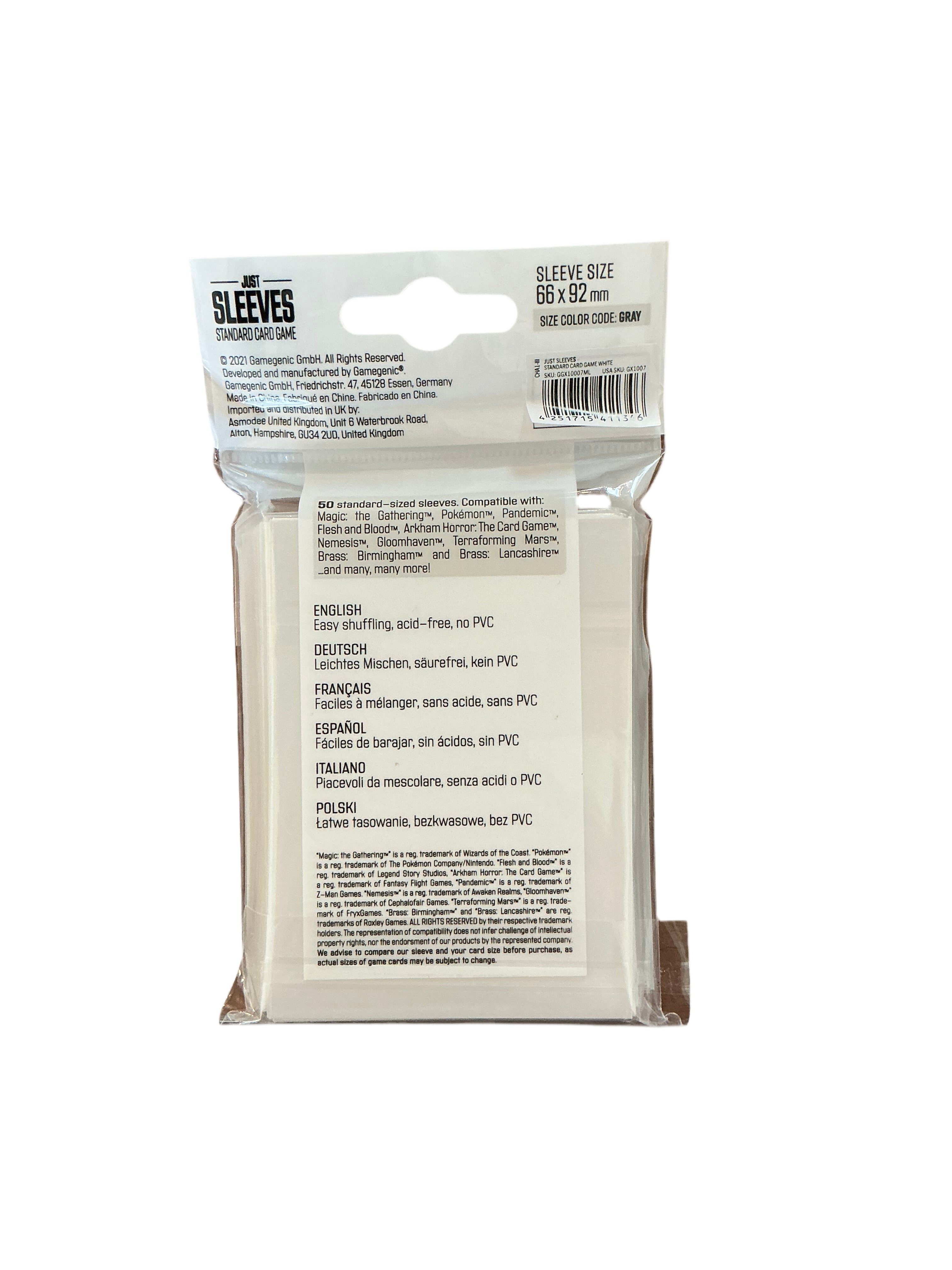 Back of packaging for Just Sleeves 50-pack of trading card sleeves.
