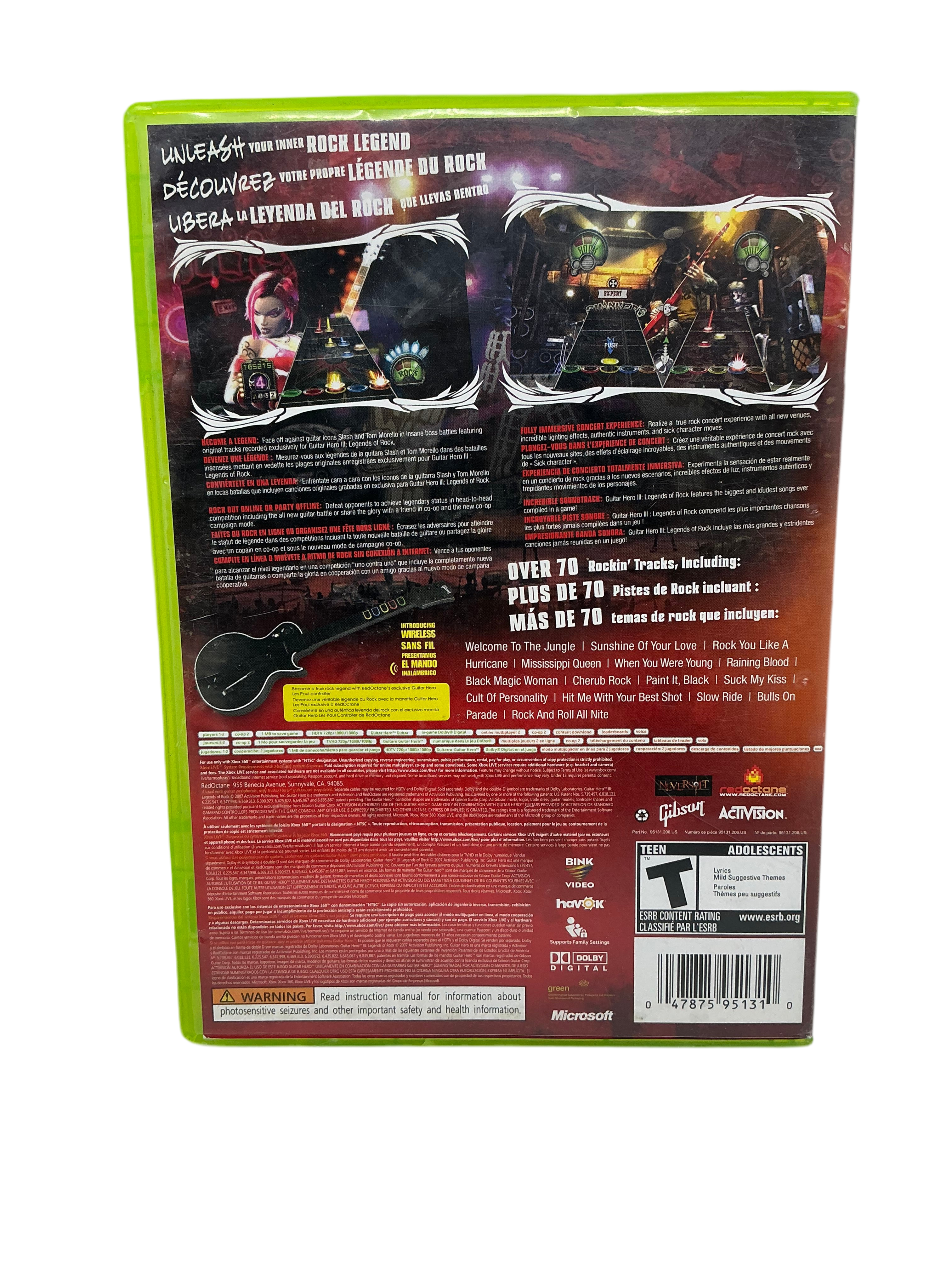 Back cover of Guitar Hero 3 Legends of Rock game case for XBox 360 on a transparent background.