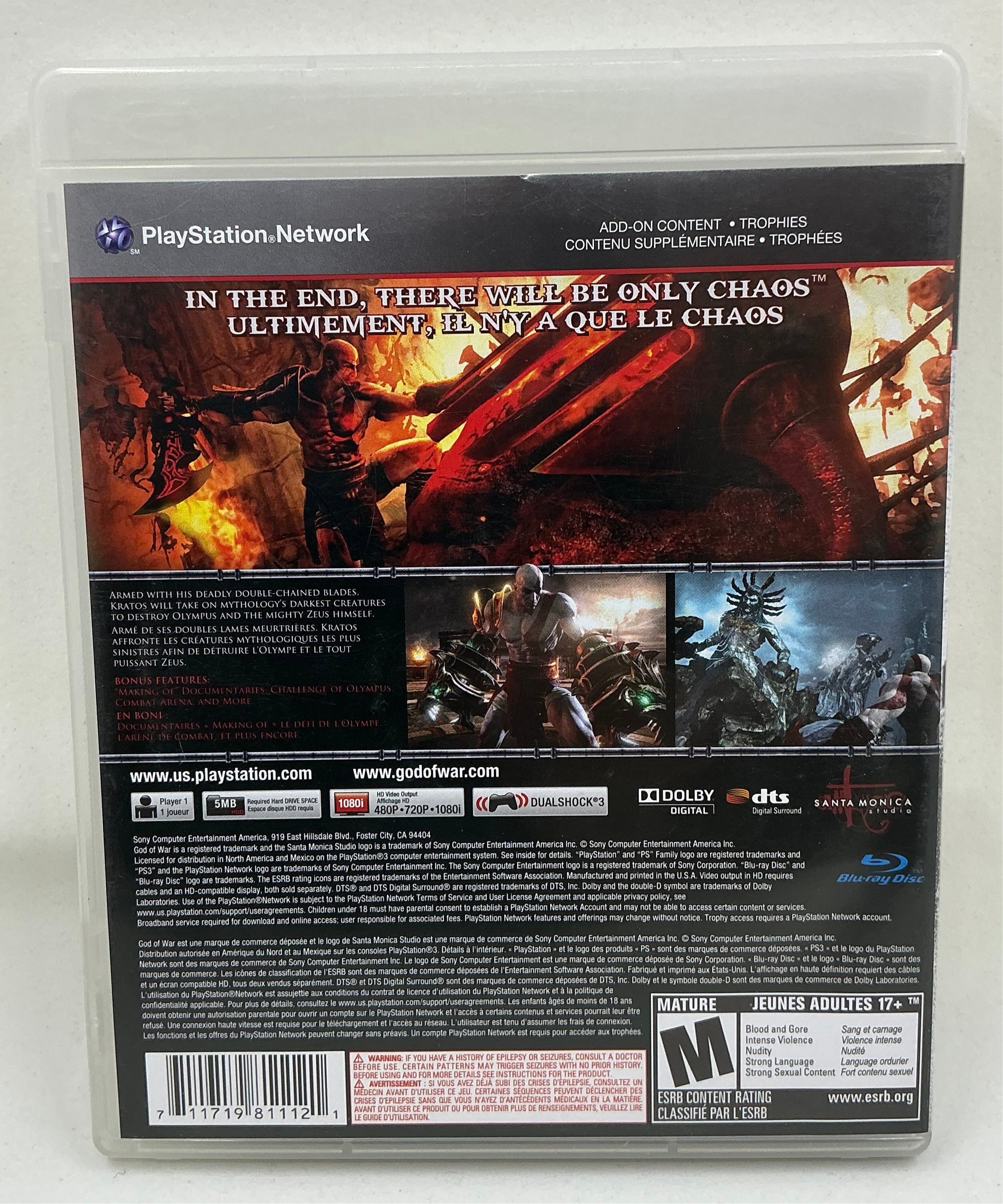 Back of God of War 3 game case for Playstation 3 on a white background.