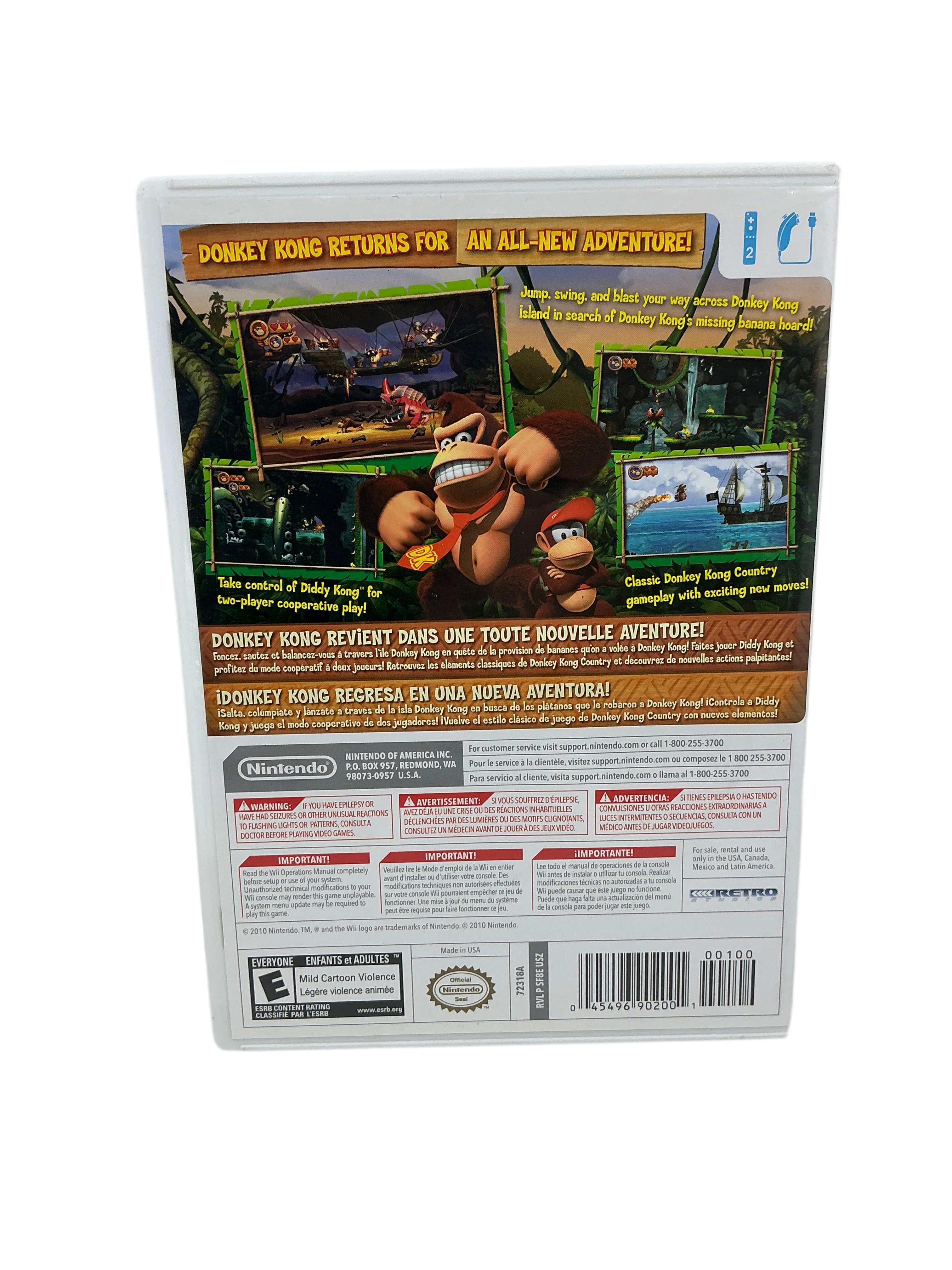 Back of video game case for Donkey Kong Country Returns for Nintendo Wii.