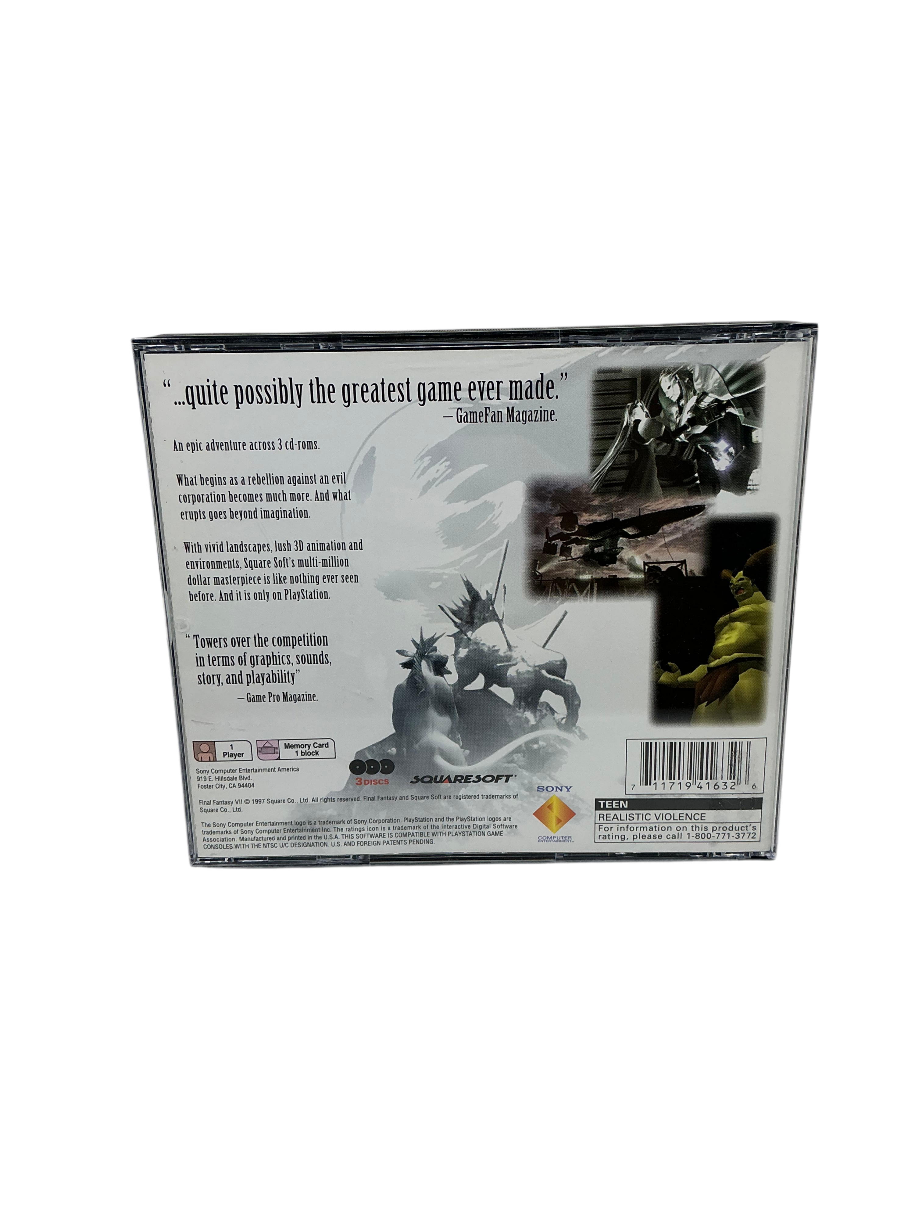 Back of Final Fantasy Tactics game case for Playstation on a transparent background.