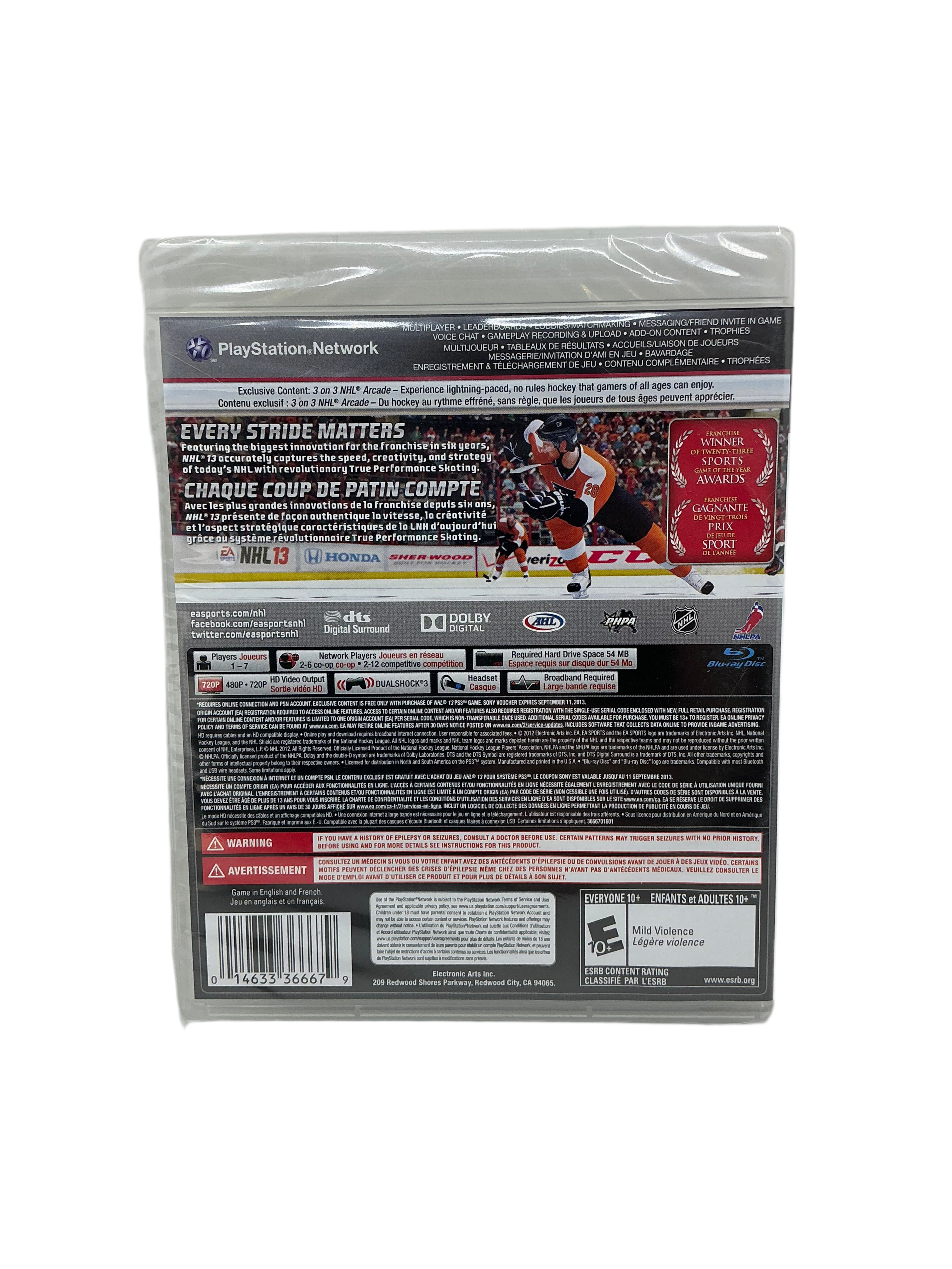 Back cover of the NHL 13 game disc for Playstation 3 on a transparent background.