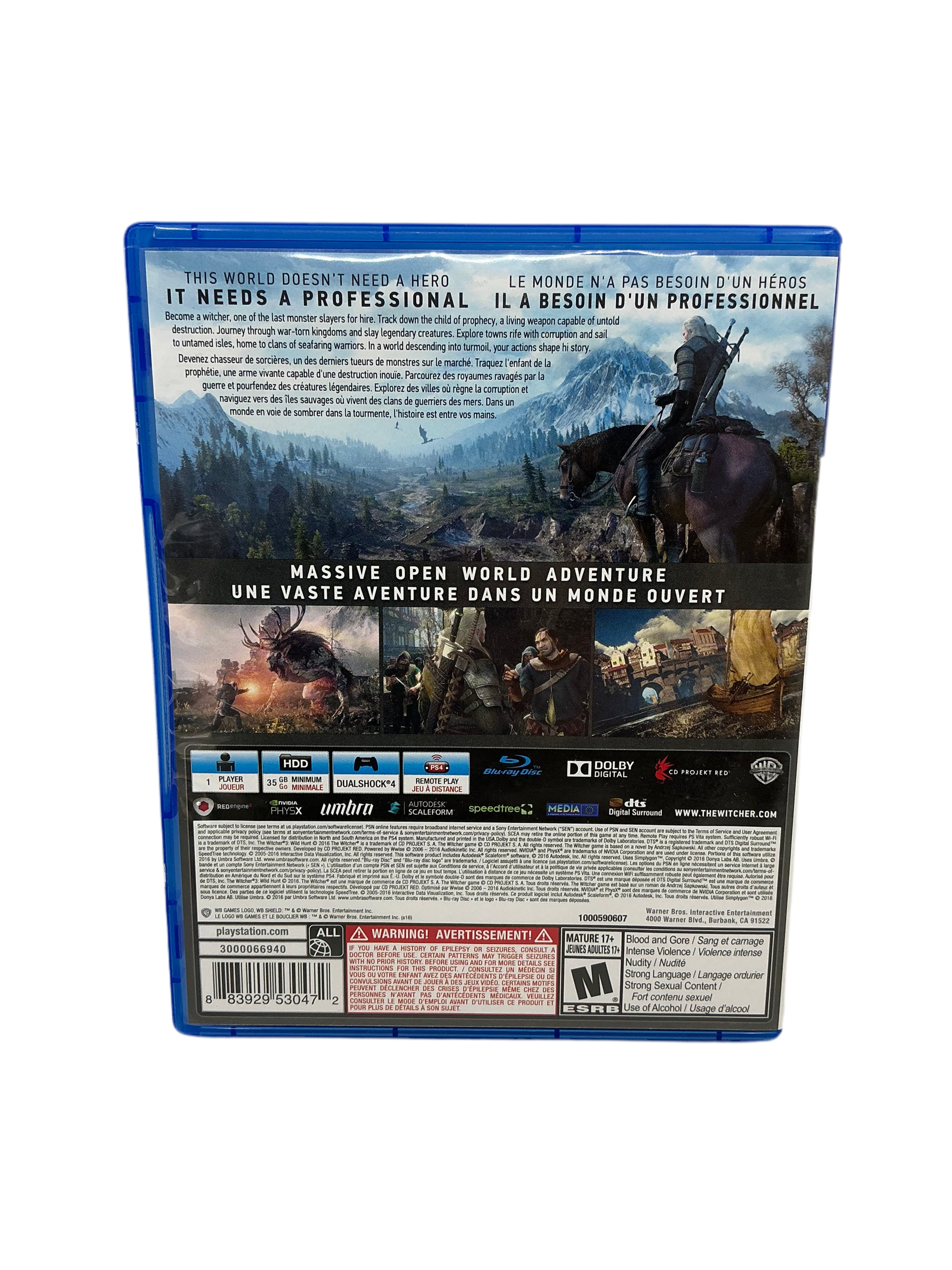 Back cover of The Witcher III game case with a horse and rider on a mountain landscape.
