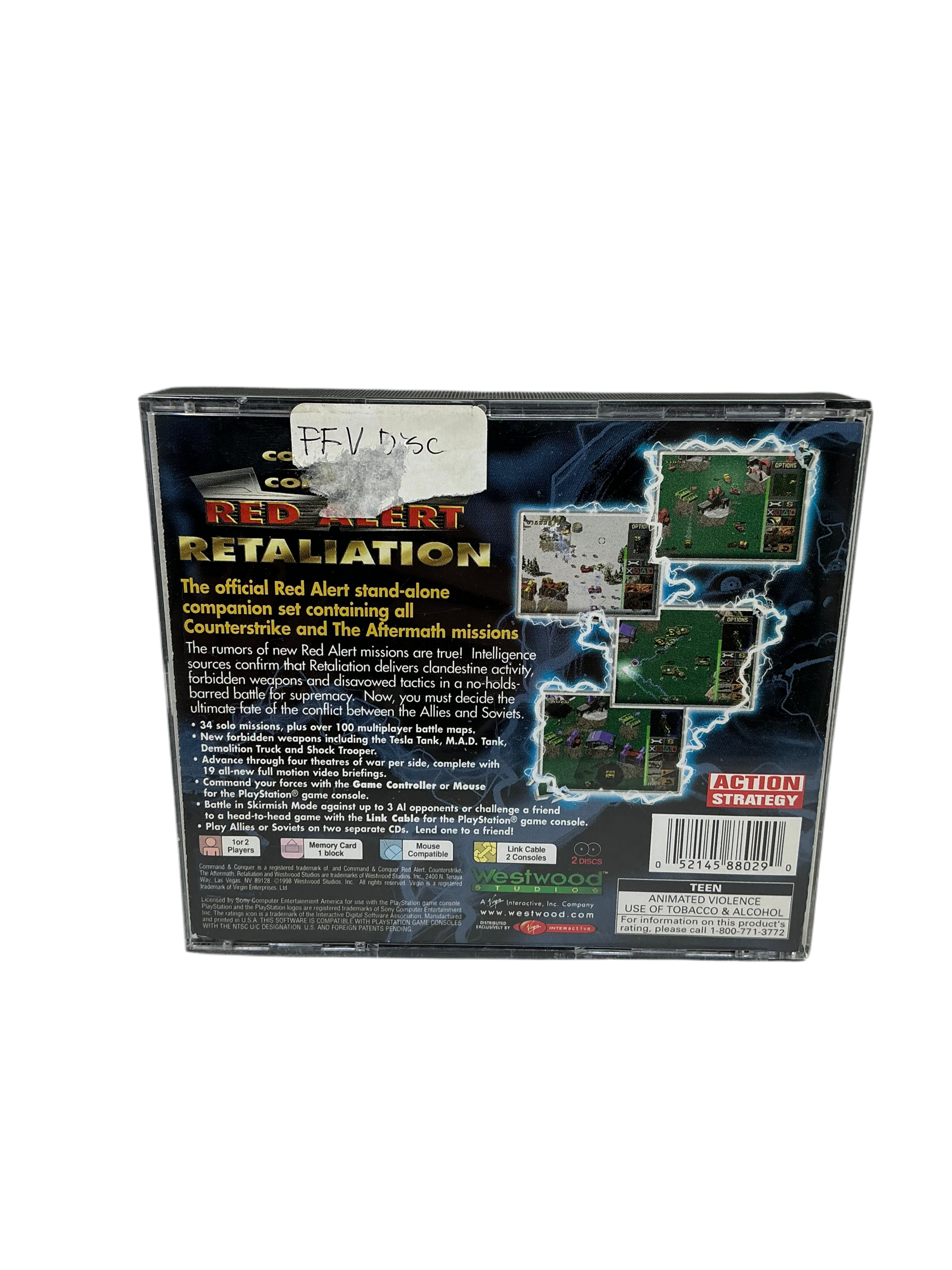 Back of the disc case for Playstation’s Command & Conquer Red Alert Retaliation video game.