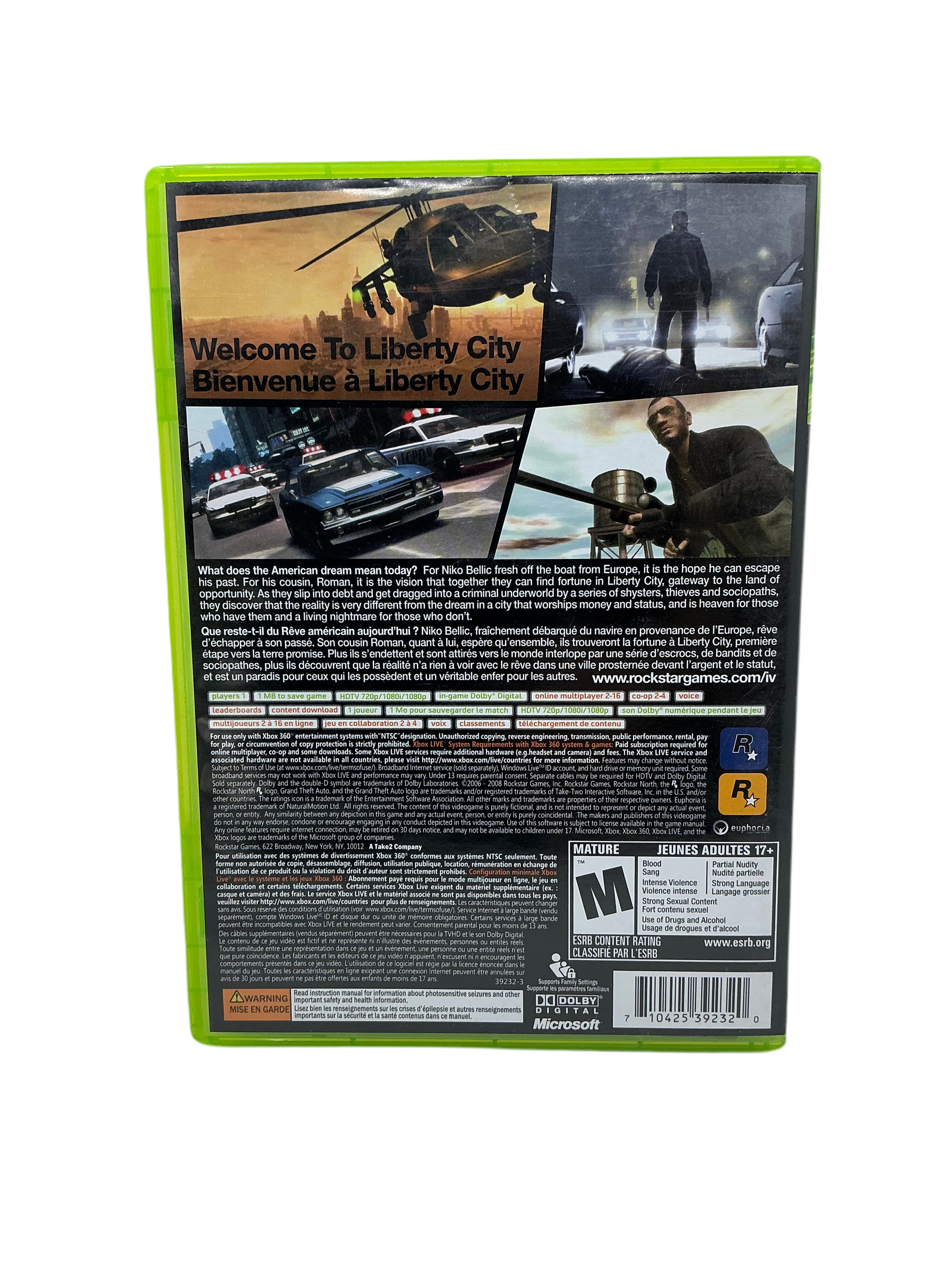 Back cover of Grand Theft Auto 4 game case for XBox 360 on a transparent background.