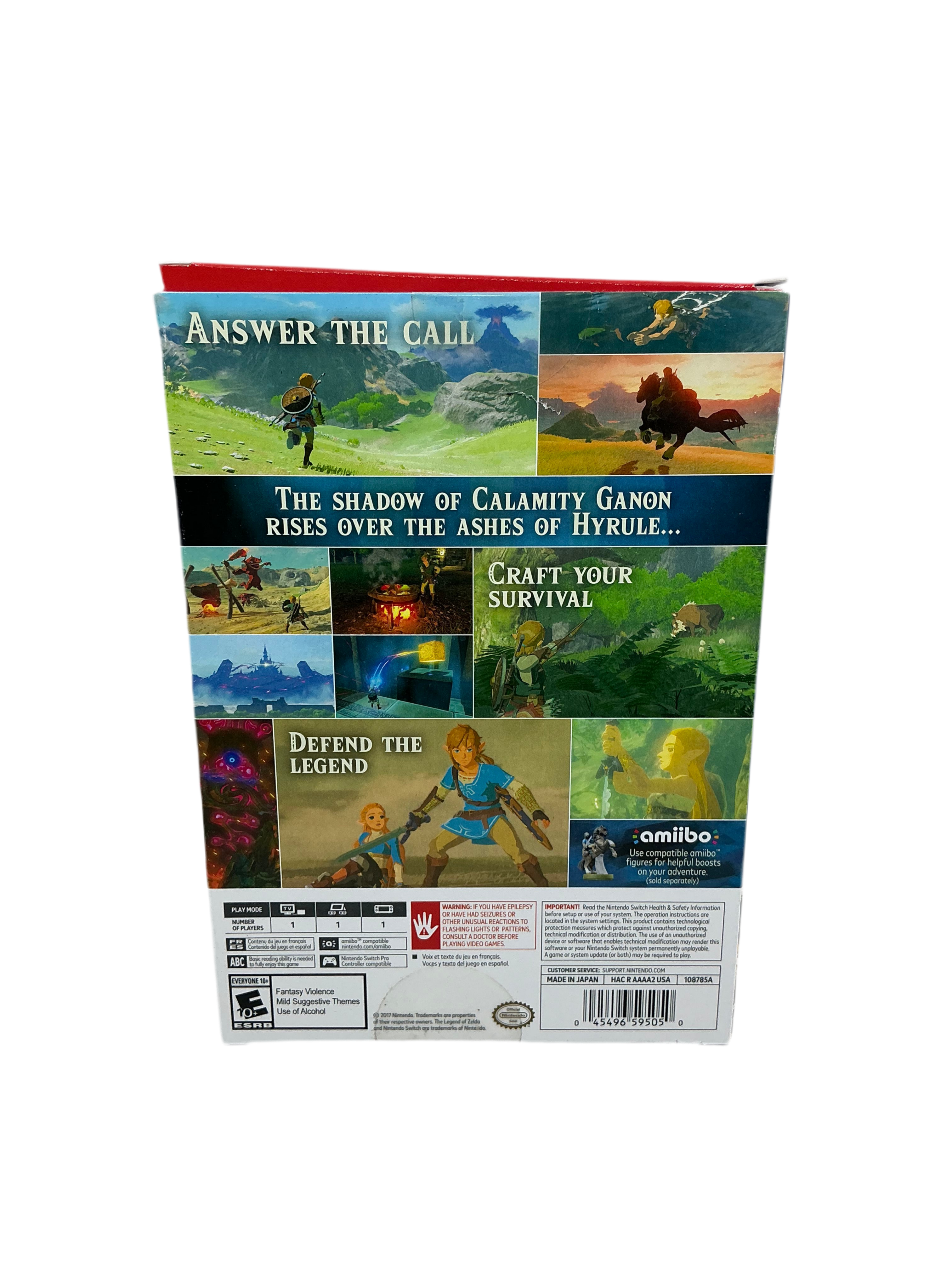 Back of cardboard box containing the Legend of Zelda: Breath of the Wild for Nintendo Switch.