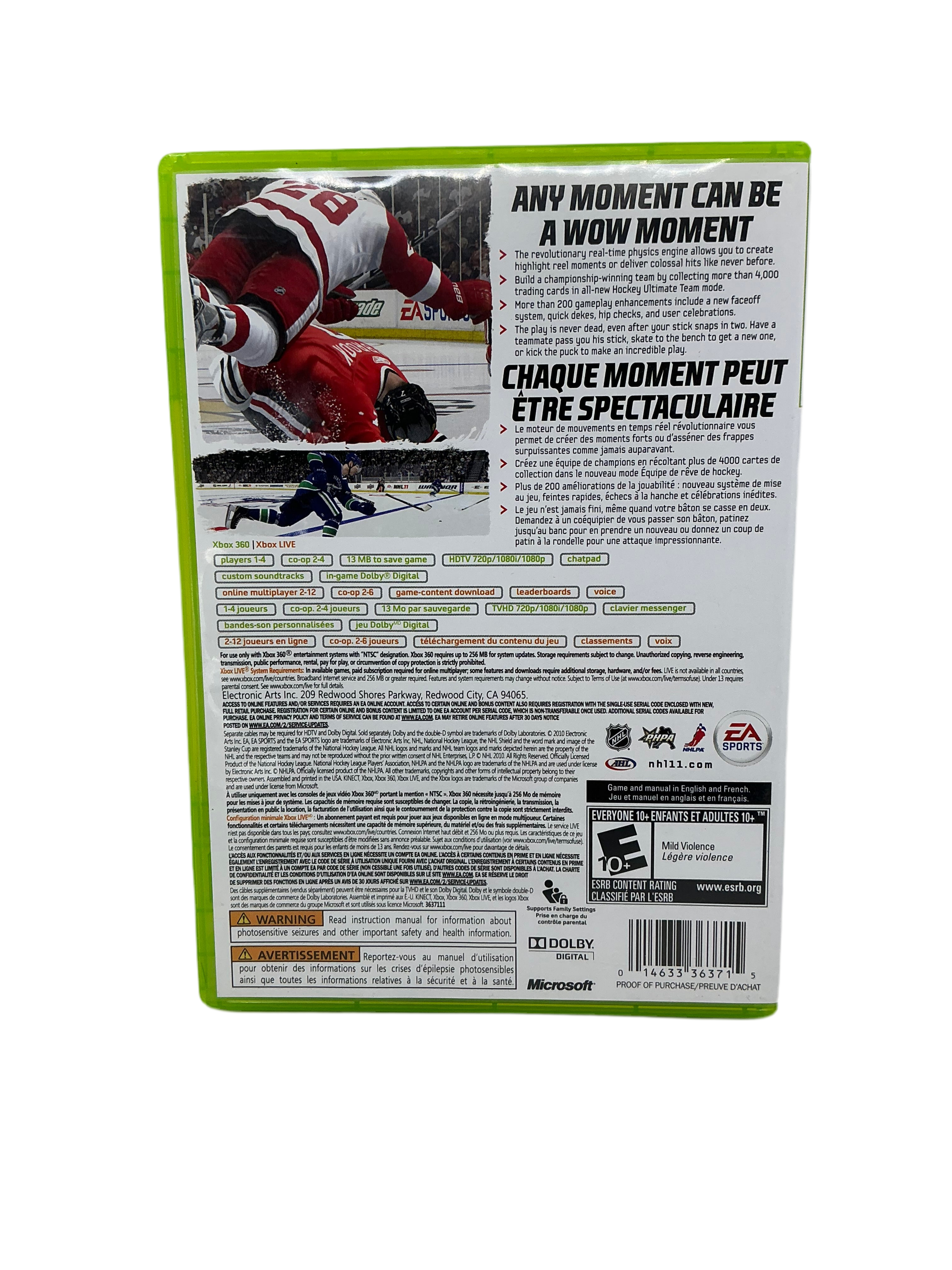 Back cover of the NHL 11 game disc for XBox 360 on a transparent background.