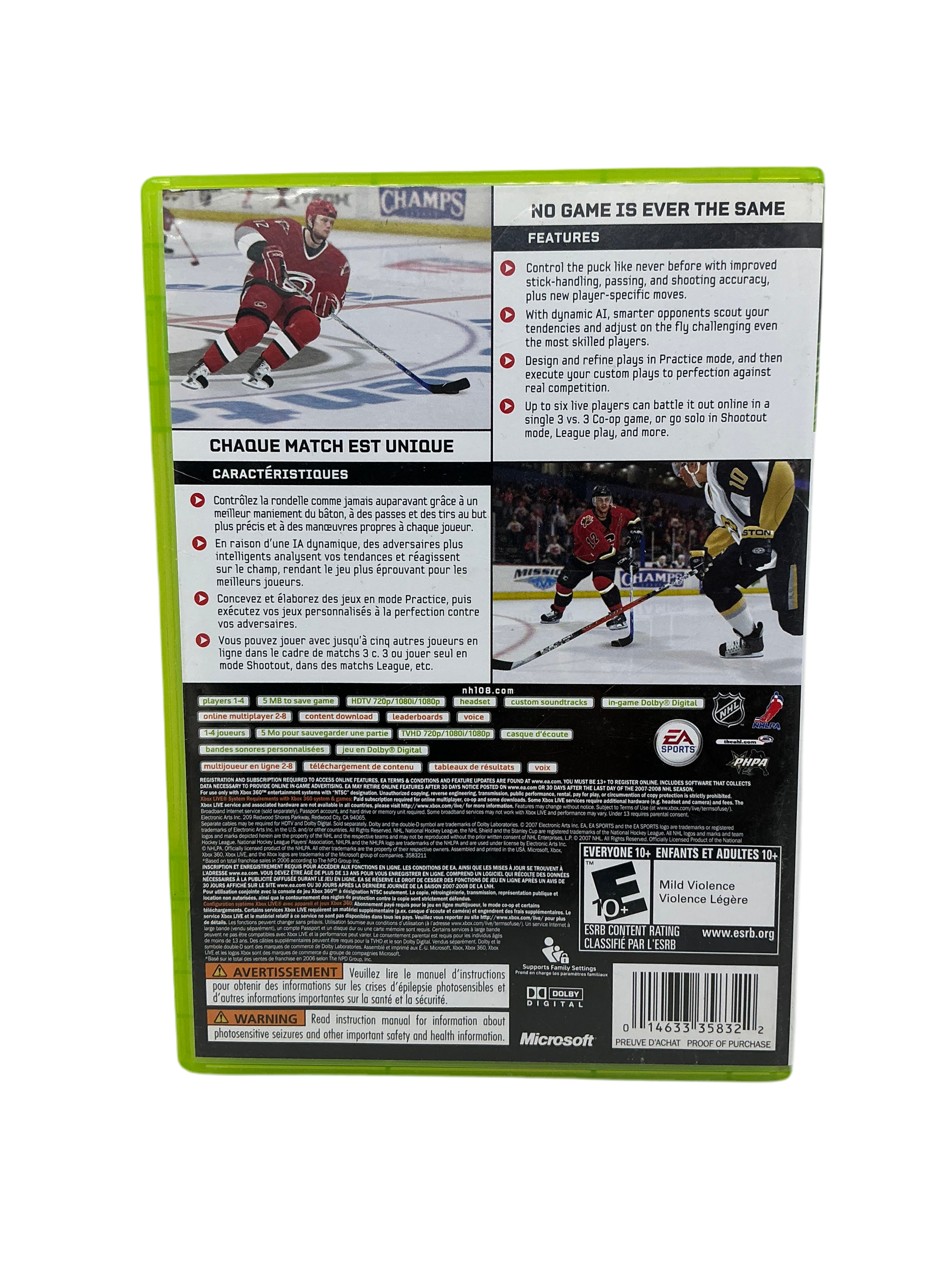 Back cover of the NHL 08 game disc for XBox 360 on a transparent background.