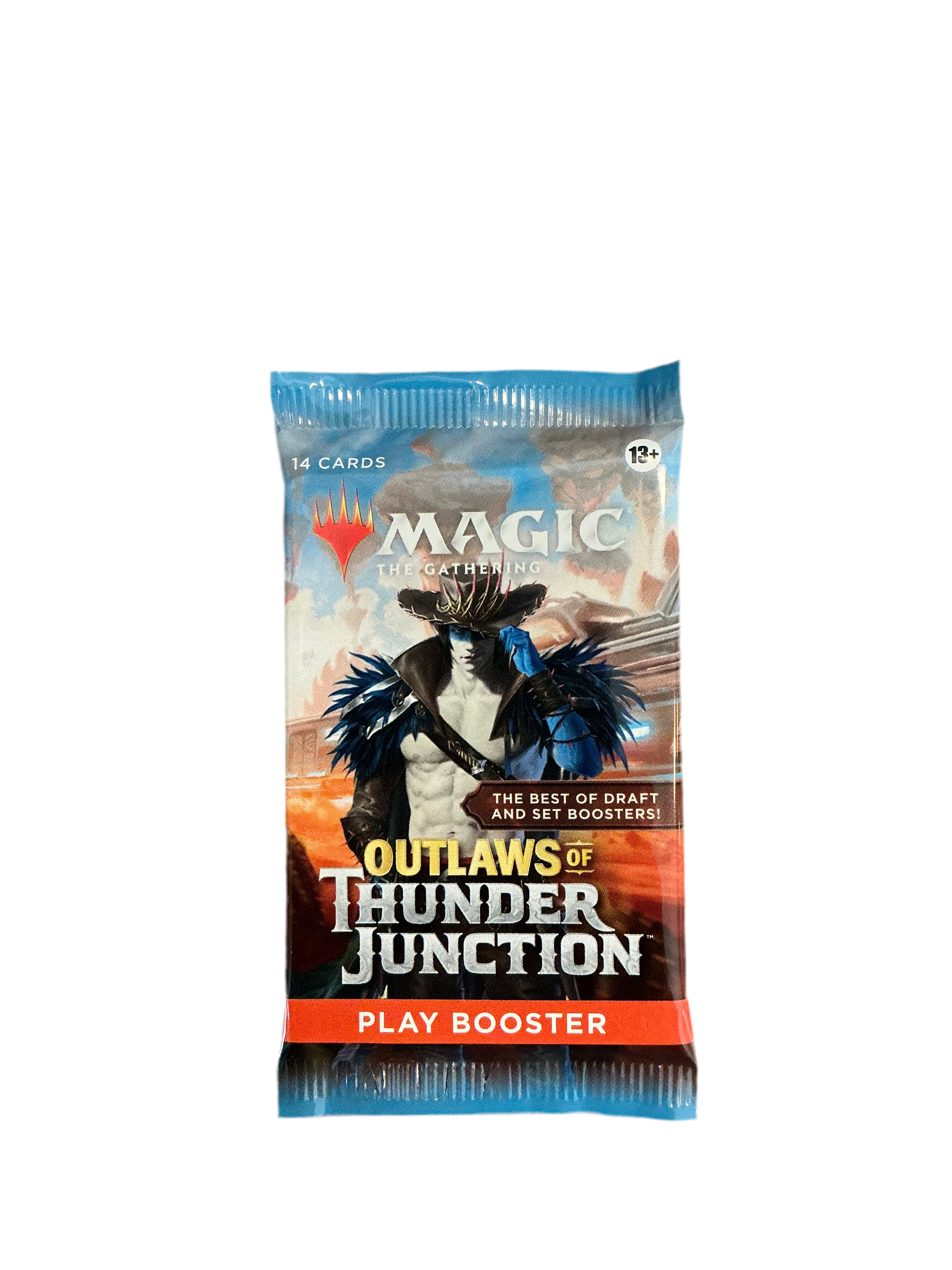 A booster pack of Magic the Gathering Outlaws of Thunder Junction featuring a bare-chested man wearing a plumed jacket and spiked cowboy hat.