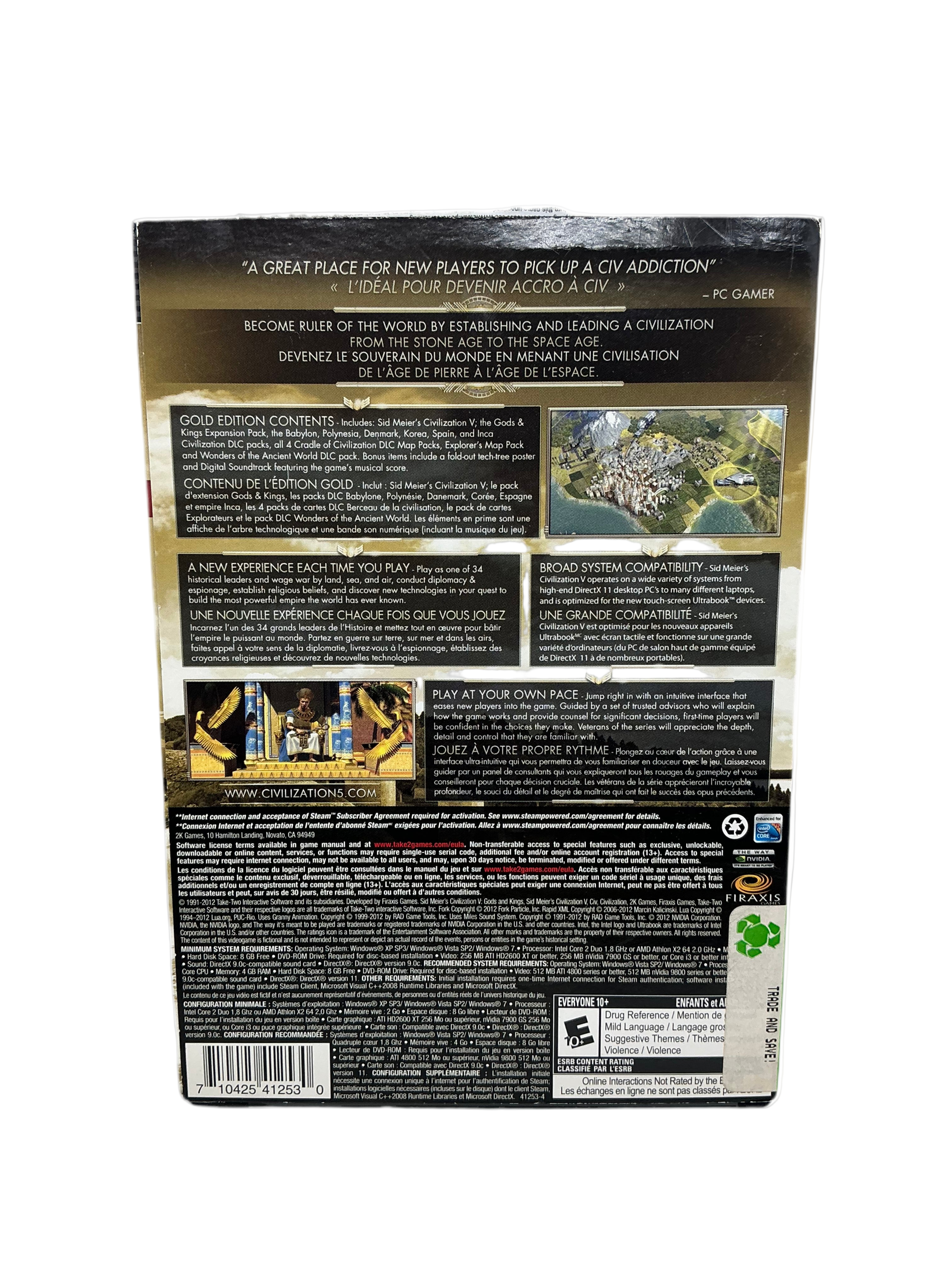 Back cover of a Civilization 5 video game box with text and graphics on a white background