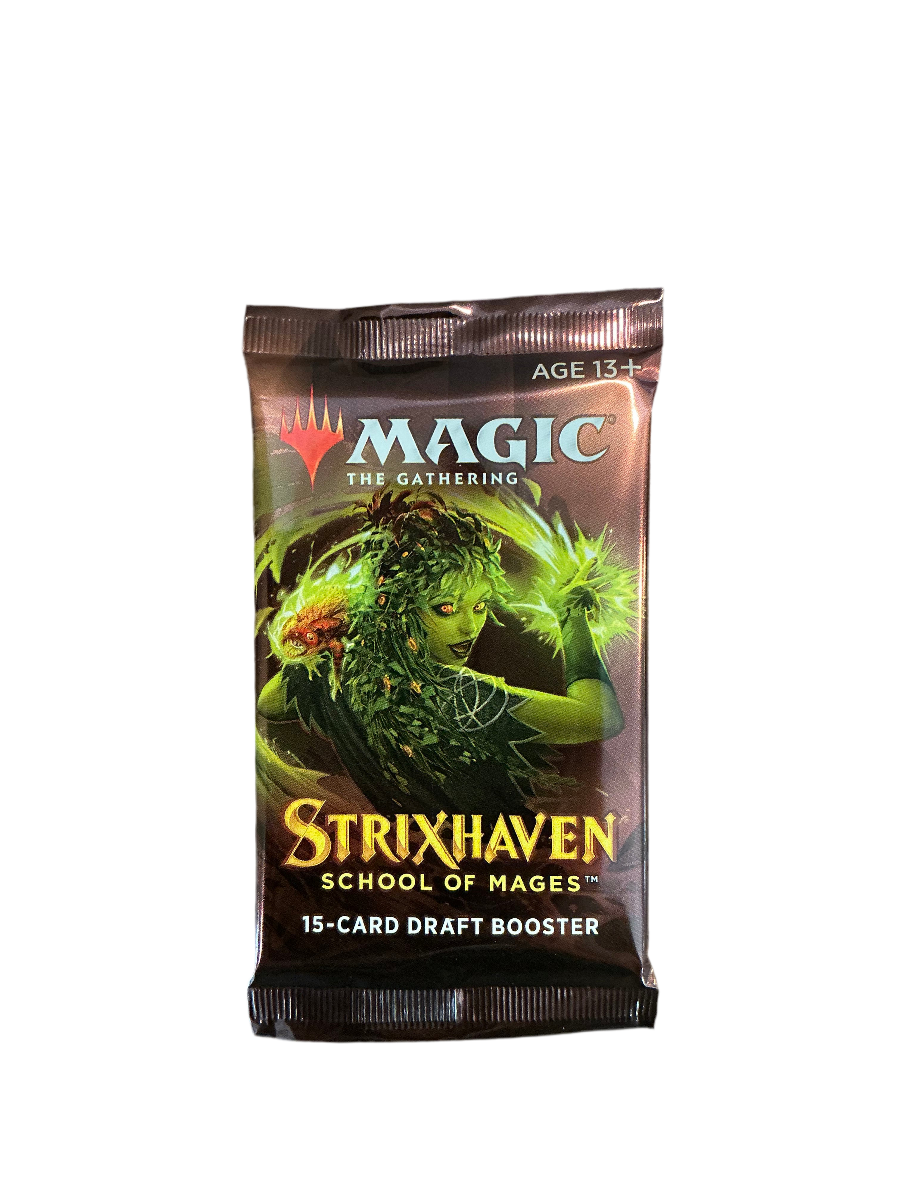 A booster pack of Magic the Gathering Strixhaven School of Mages with a driad casting a green spell on the pack art.