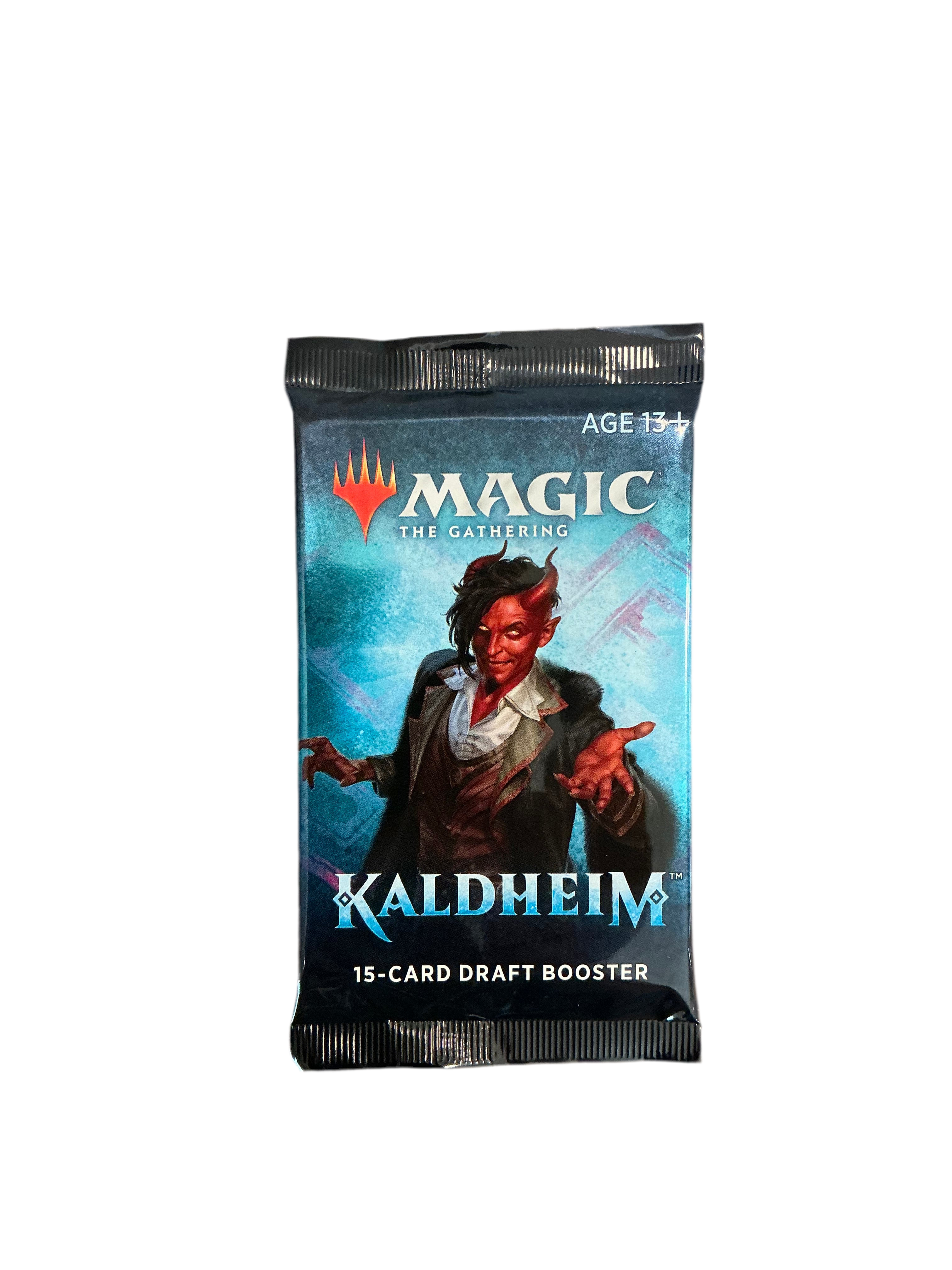 A single draft booster pack of Magic the Gathering Kaldheim with a red-skinned horned man on the front.